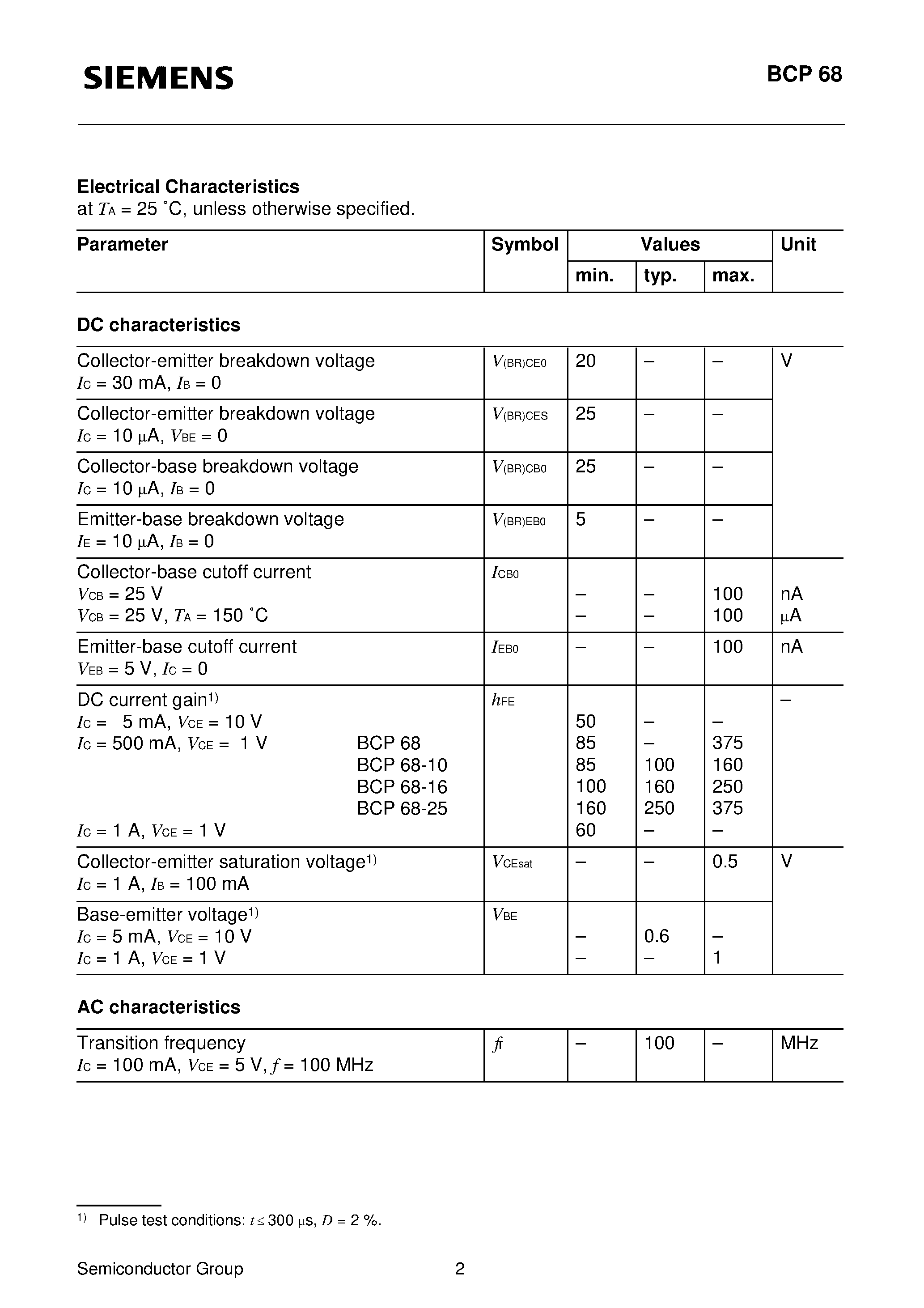 Datasheet BCP68-25 - NPN Silicon AF Transistor (For general AF application High collector current High current gain) page 2