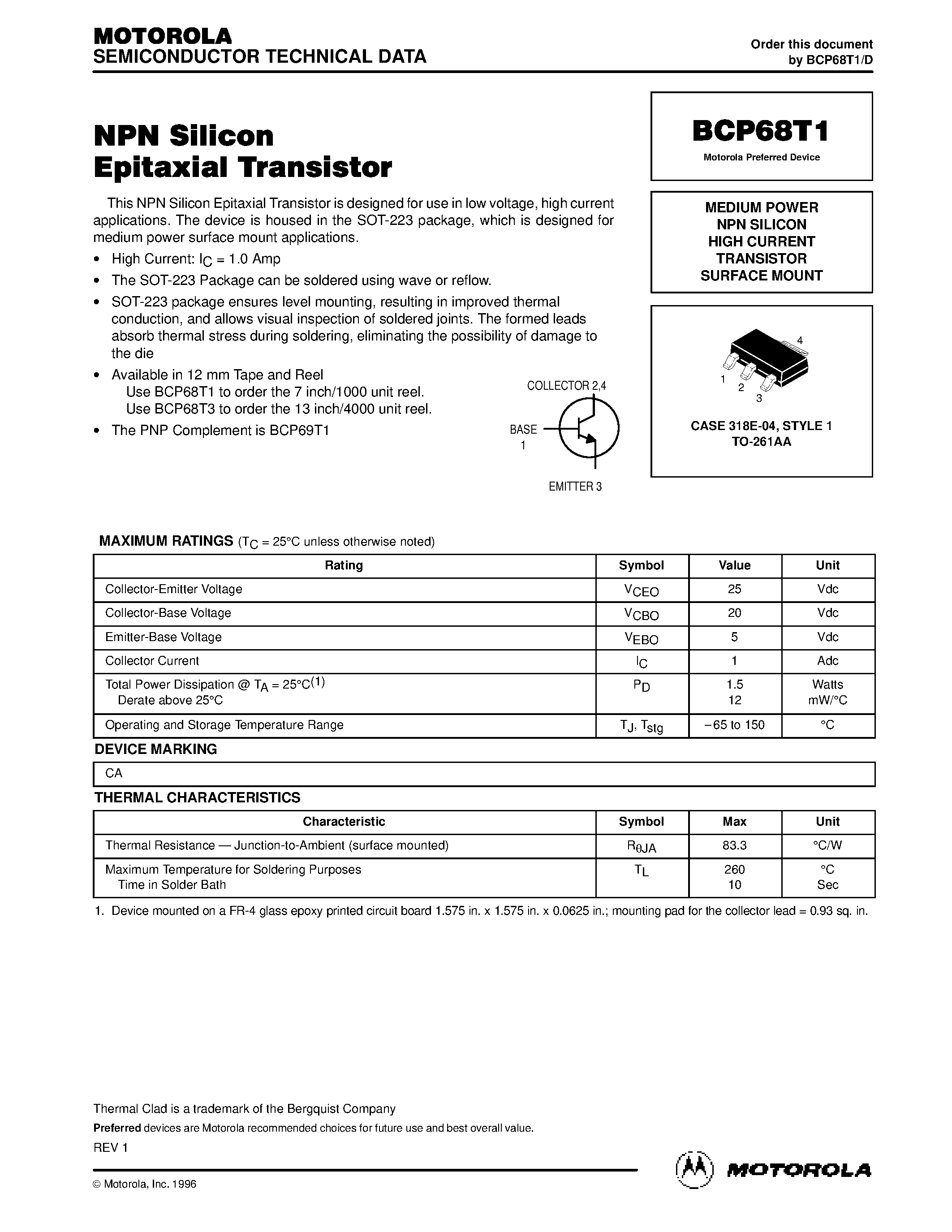 Datasheet BCP68T1 - MEDIUM POWER NPN SILICON HIGH CURRENT TRANSISTOR SURFACE MOUNT page 1