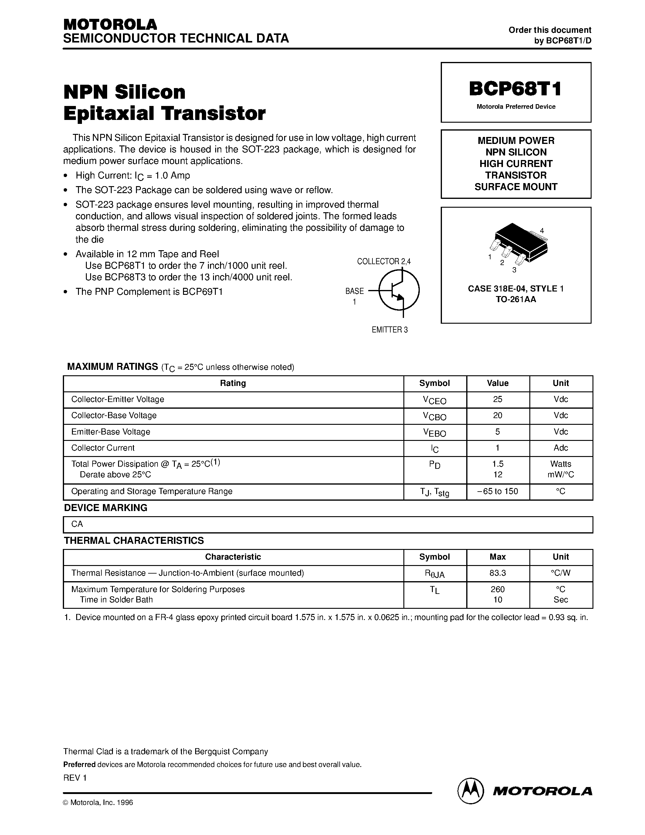 Datasheet BCP68T1 - MEDIUM POWER NPN SILICON HIGH CURRENT TRANSISTOR SURFACE MOUNT page 1