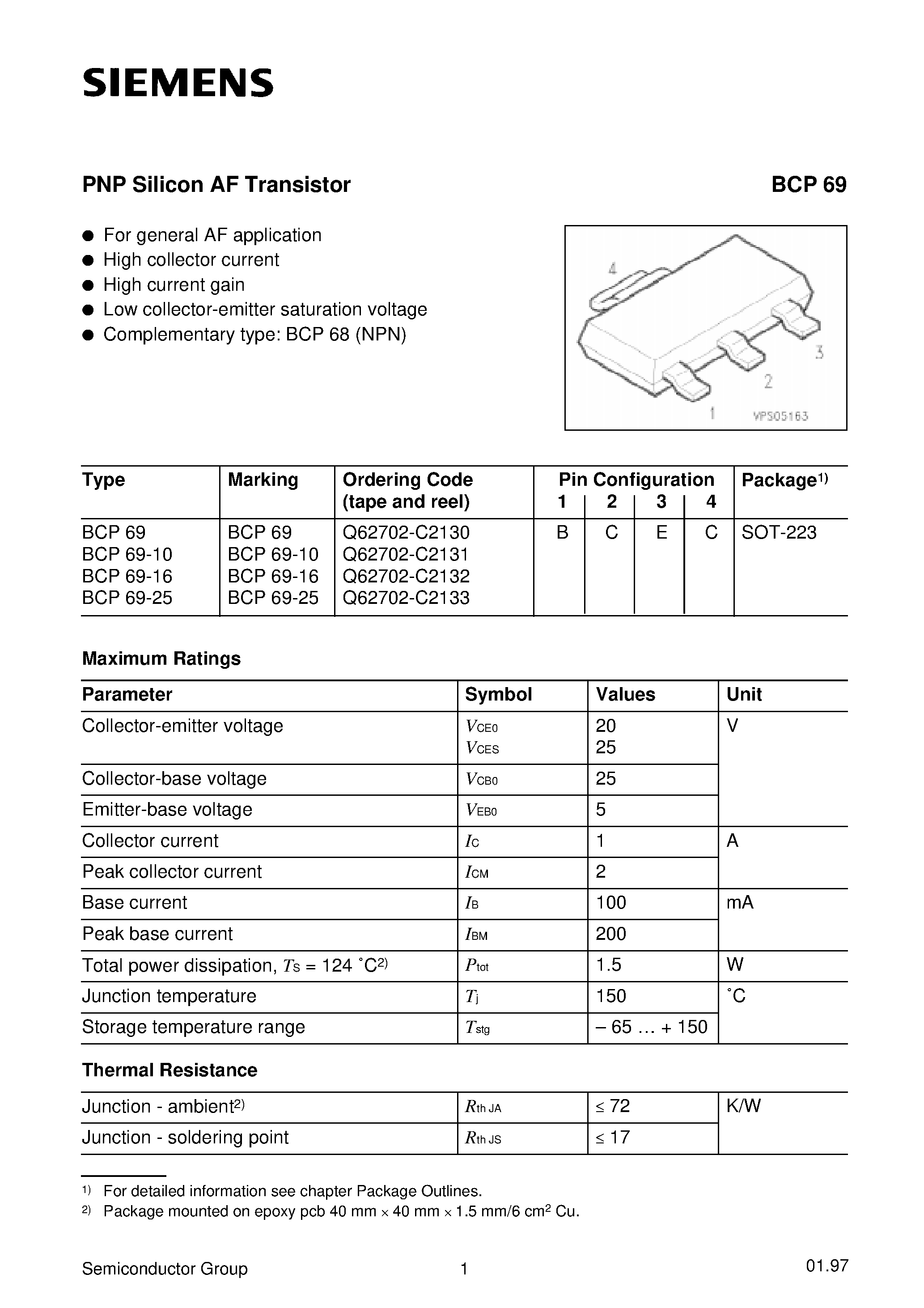 Datasheet BCP69 - PNP Silicon AF Transistor (For general AF application High collector current High current gain) page 1
