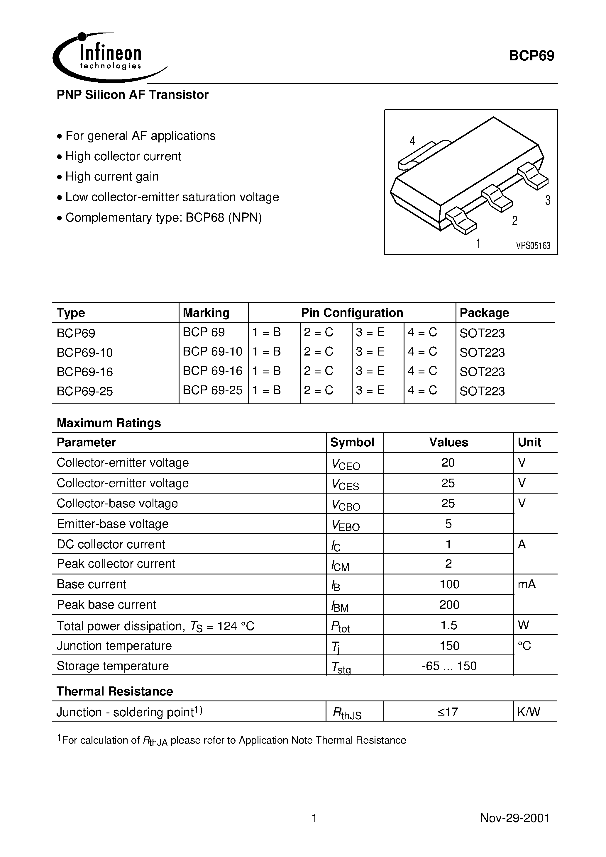 Datasheet BCP69 - PNP Silicon AF Transistor page 1