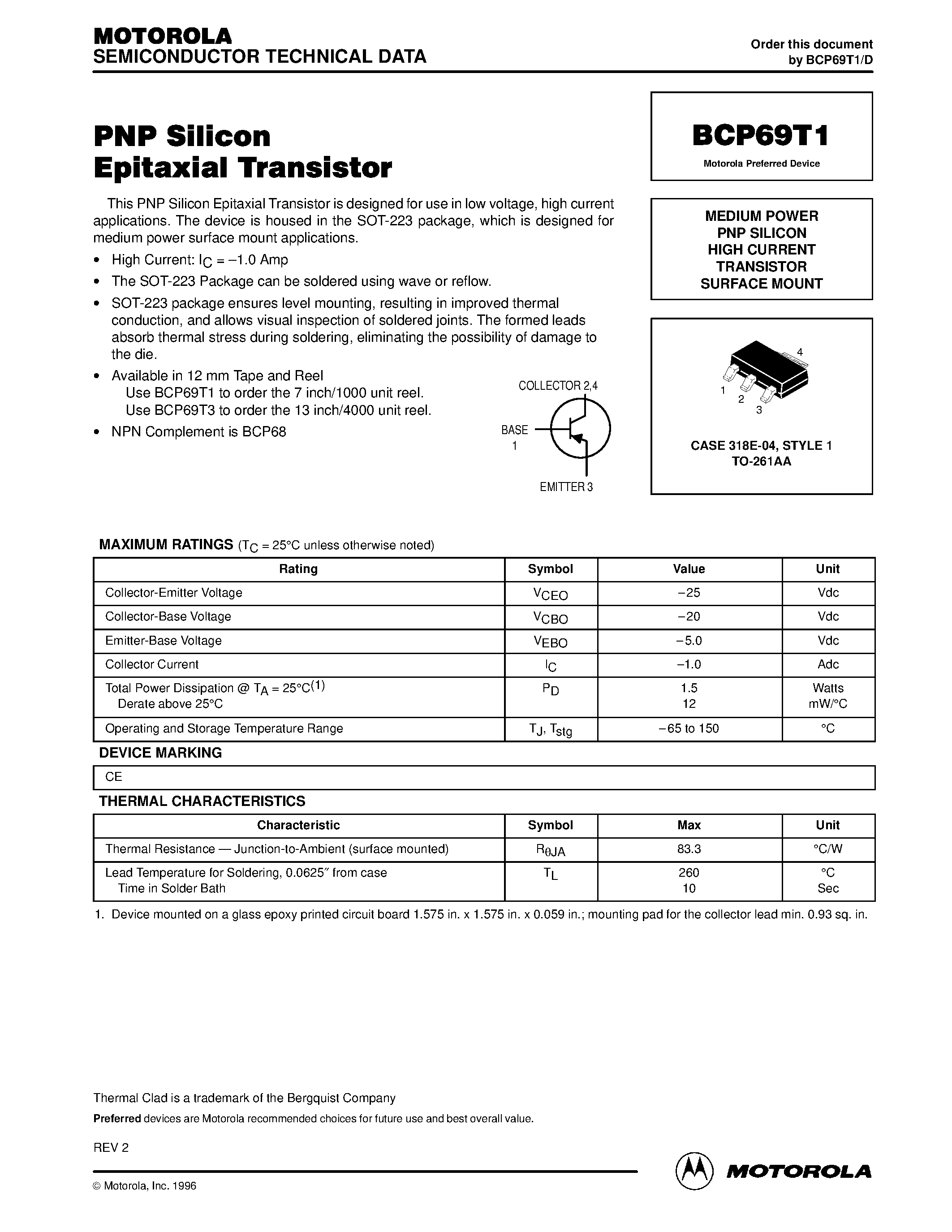 Datasheet BCP69T1 - MEDIUM POWER PNP SILICON HIGH CURRENT TRANSISTOR SURFACE MOUNT page 1