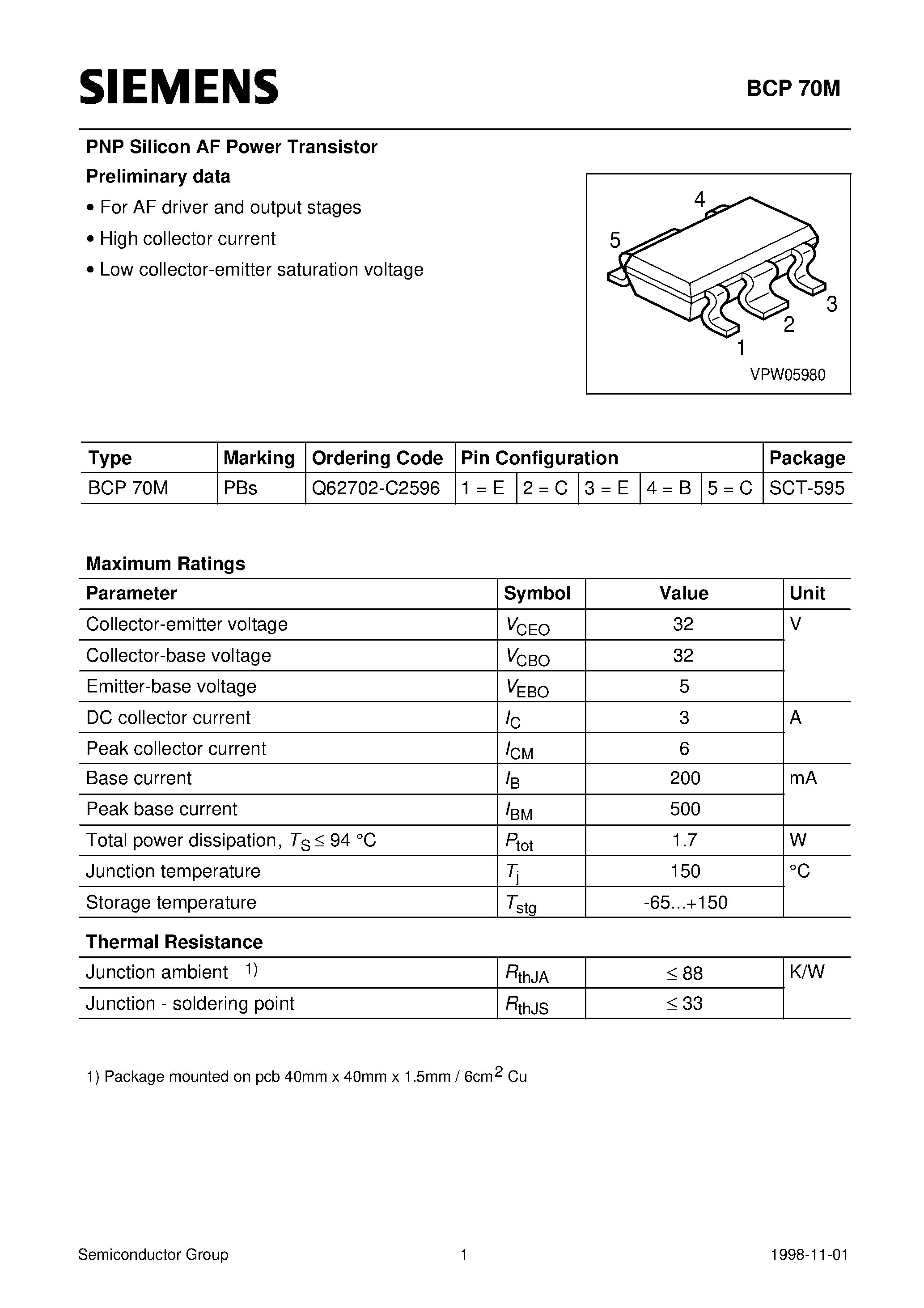 Datasheet BCP70 - PNP Silicon AF Power Transistor (For AF driver and output stages High collector current) page 1