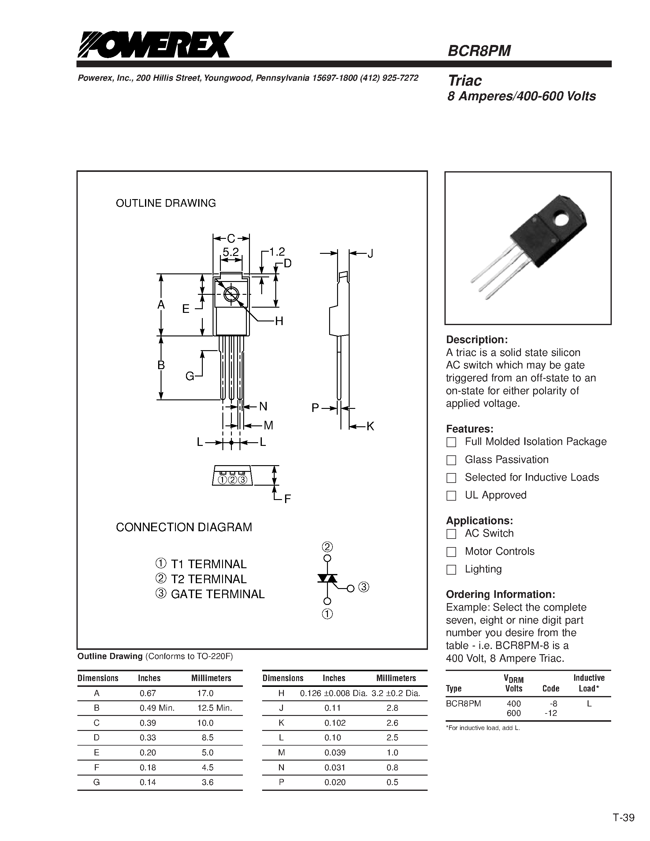 Datasheet BCR8PM-8 - Triac 8 Amperes/400-600 Volts page 1