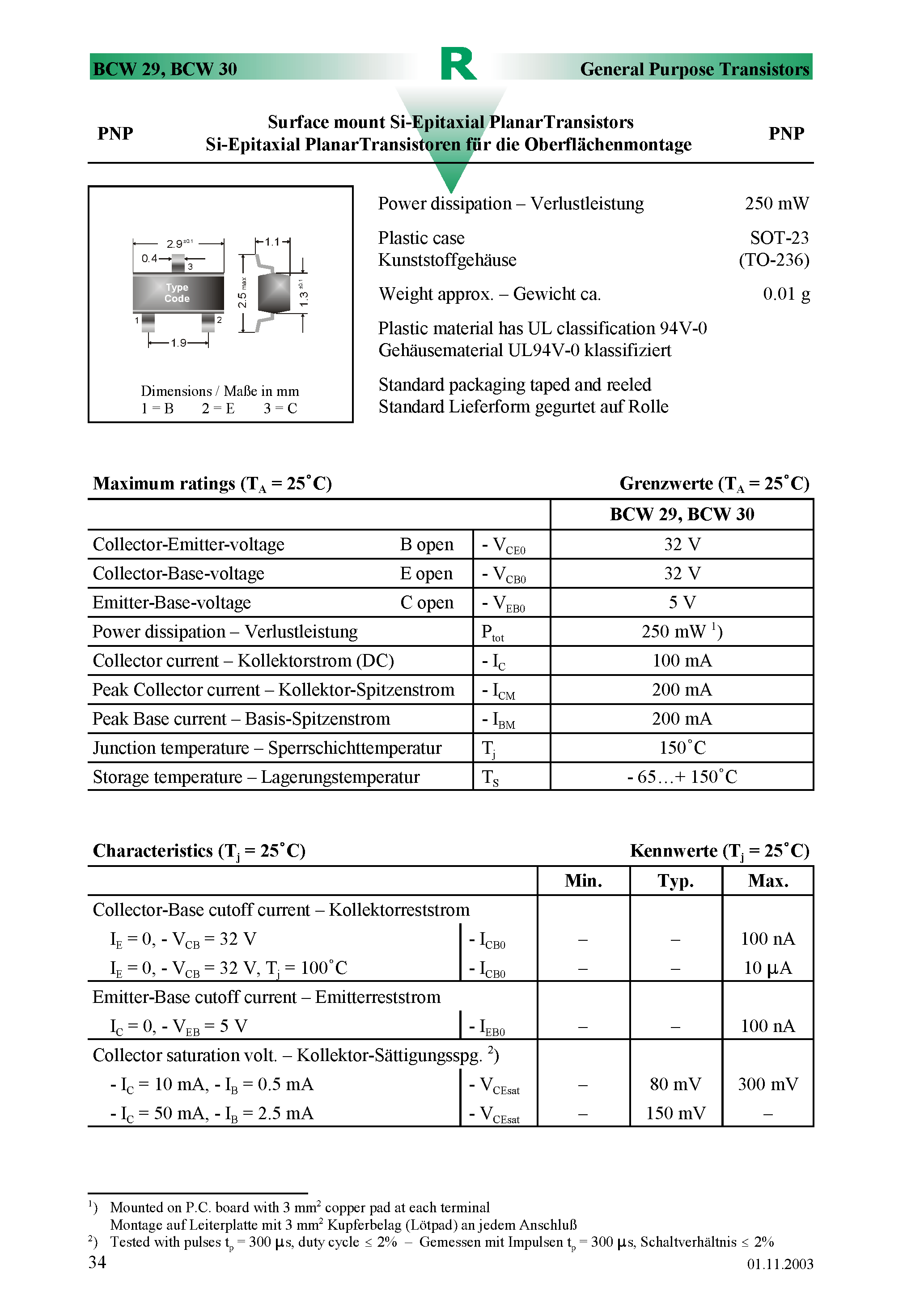 Даташит BCW29 - Surface mount Si-Epitaxial PlanarTransistors страница 1