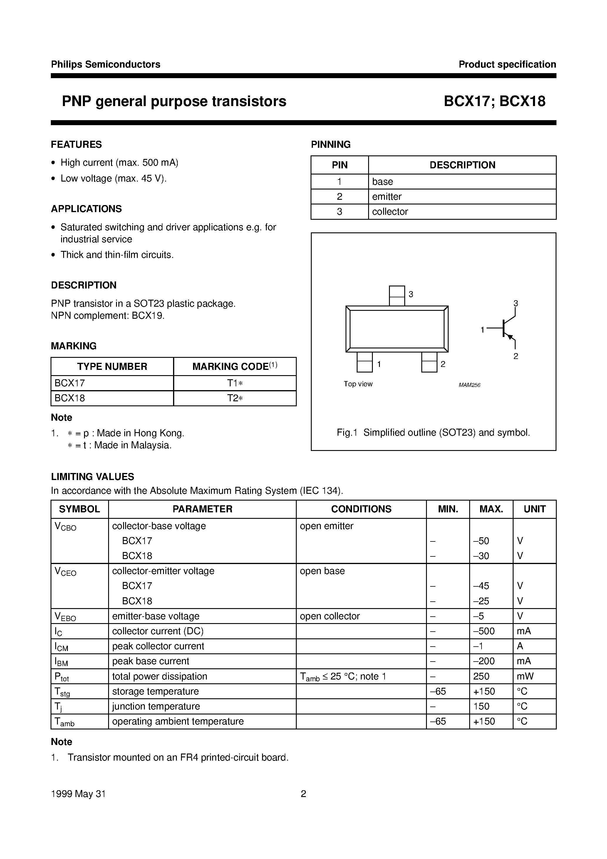Даташит BCX17 - PNP general purpose transistors страница 2