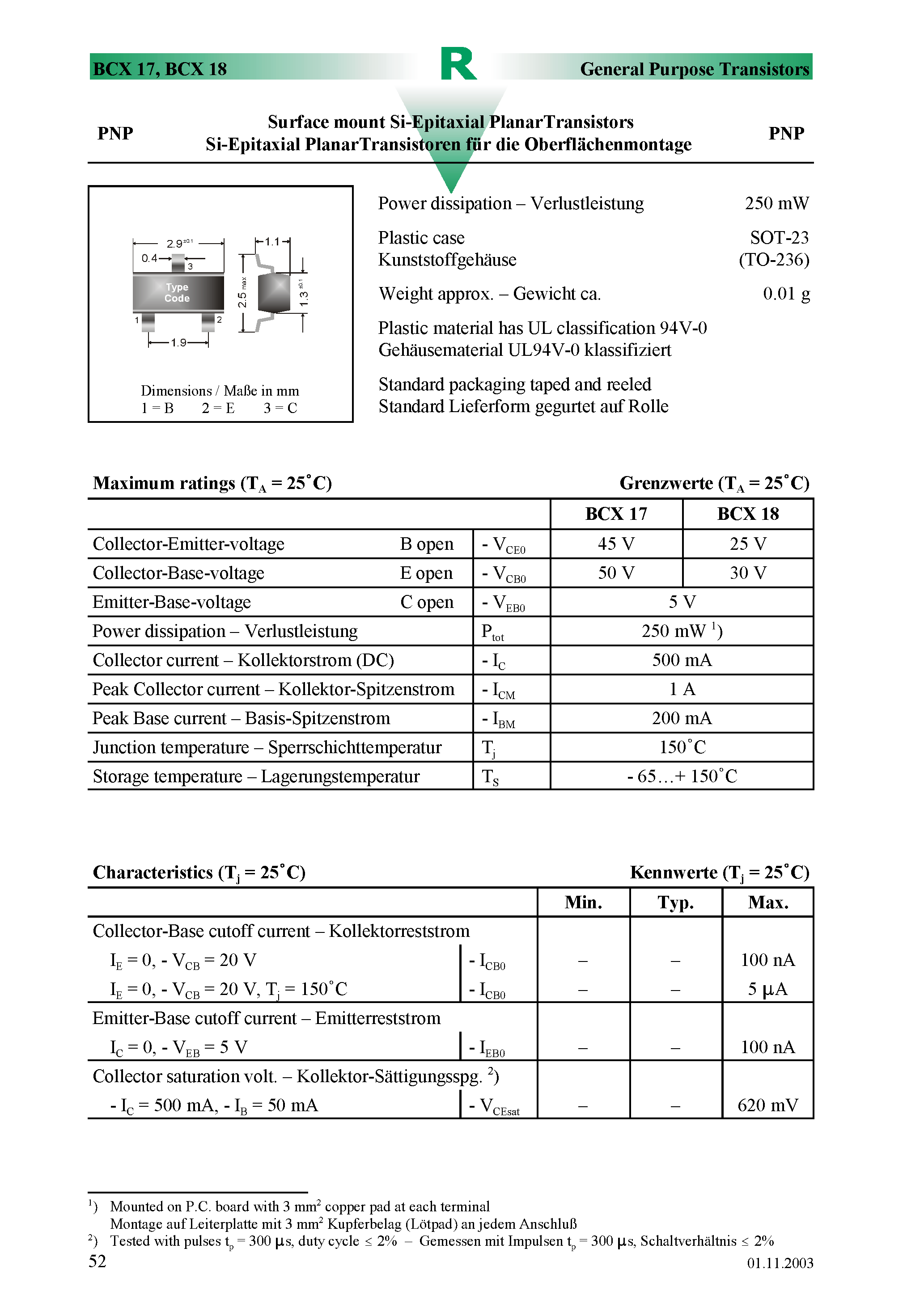 Даташит BCX17 - Surface mount Si-Epitaxial PlanarTransistors страница 1