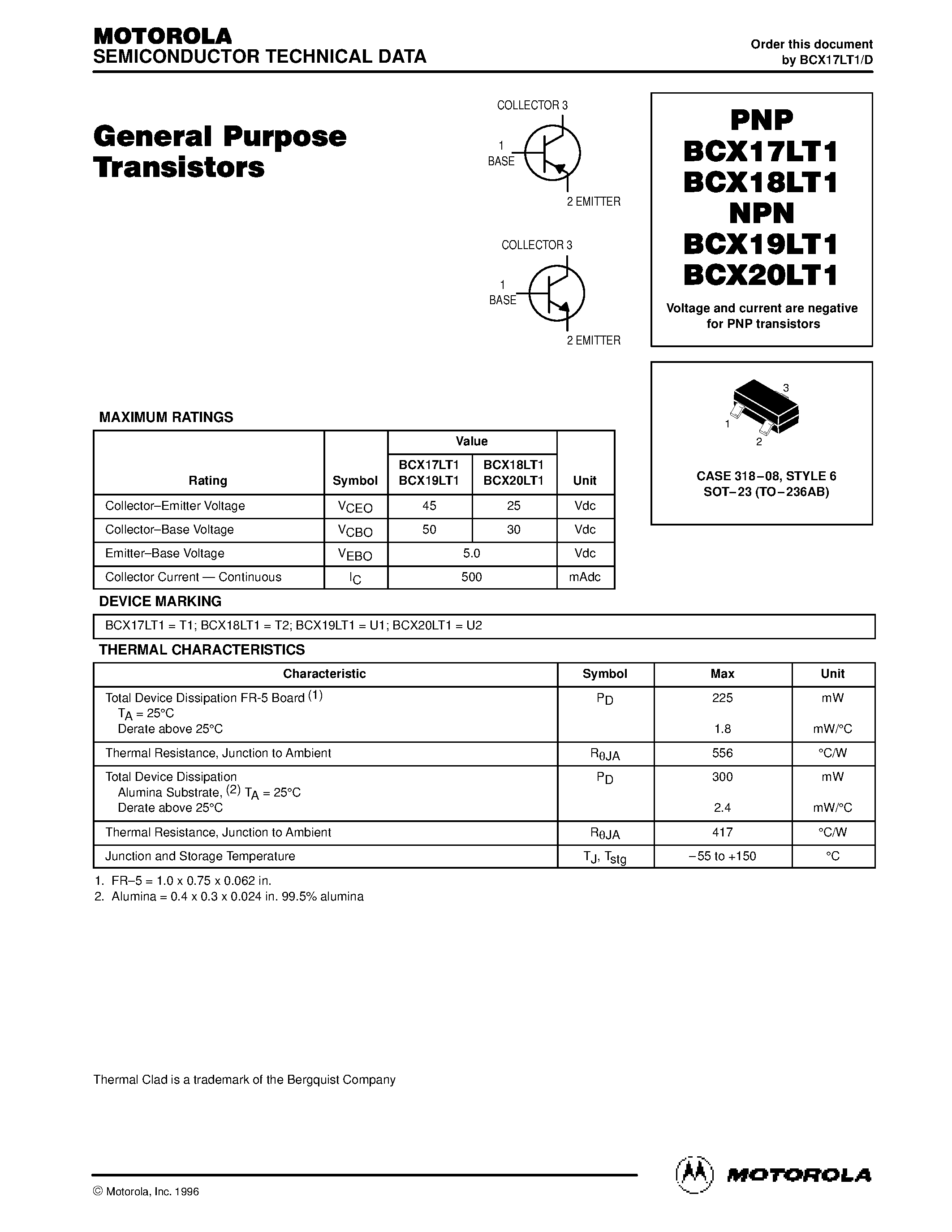 Даташит BCX17LT1 - General Purpose Transistors страница 1