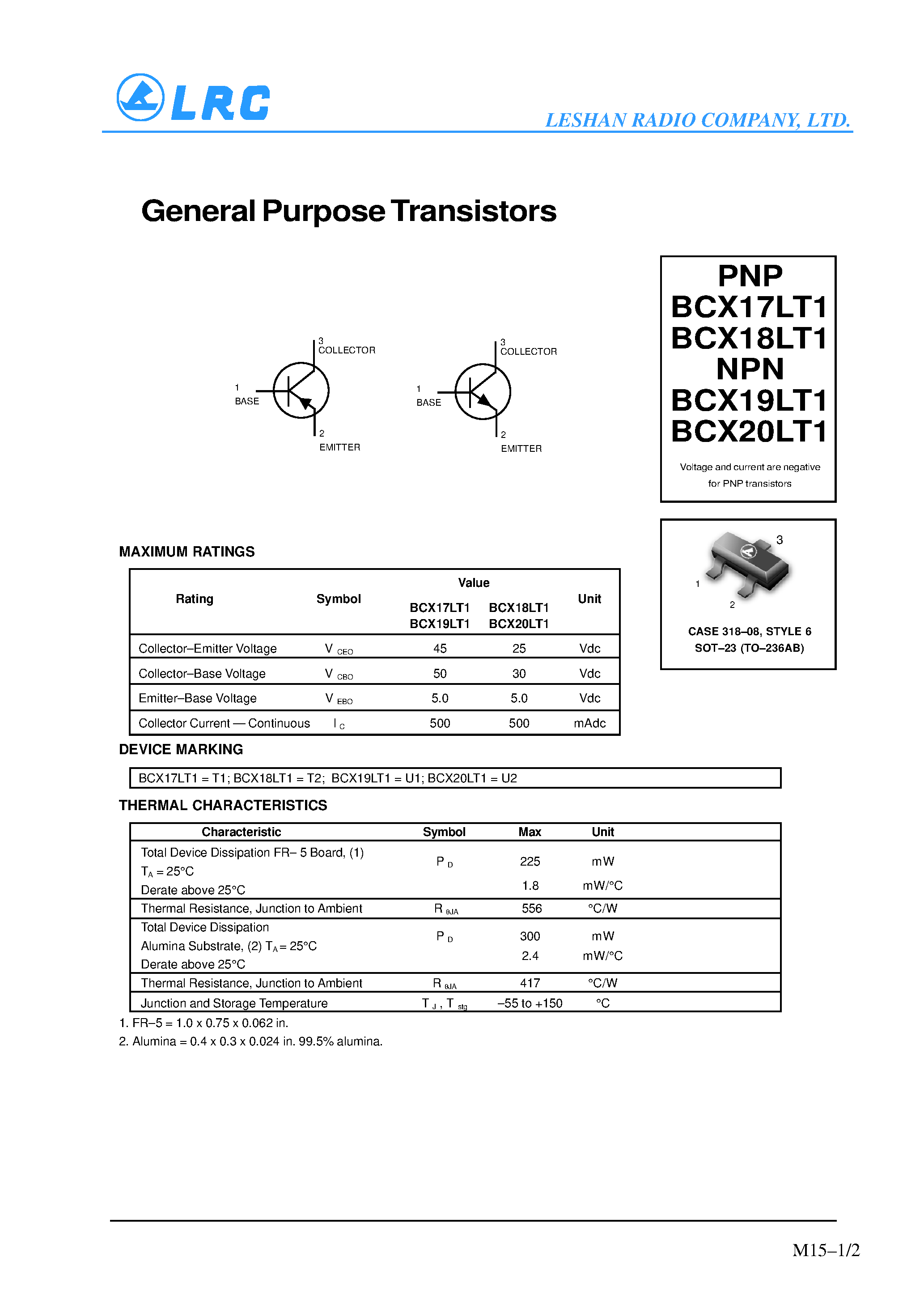 Datasheet BCX18LT1 - General Purpose Transistors page 1