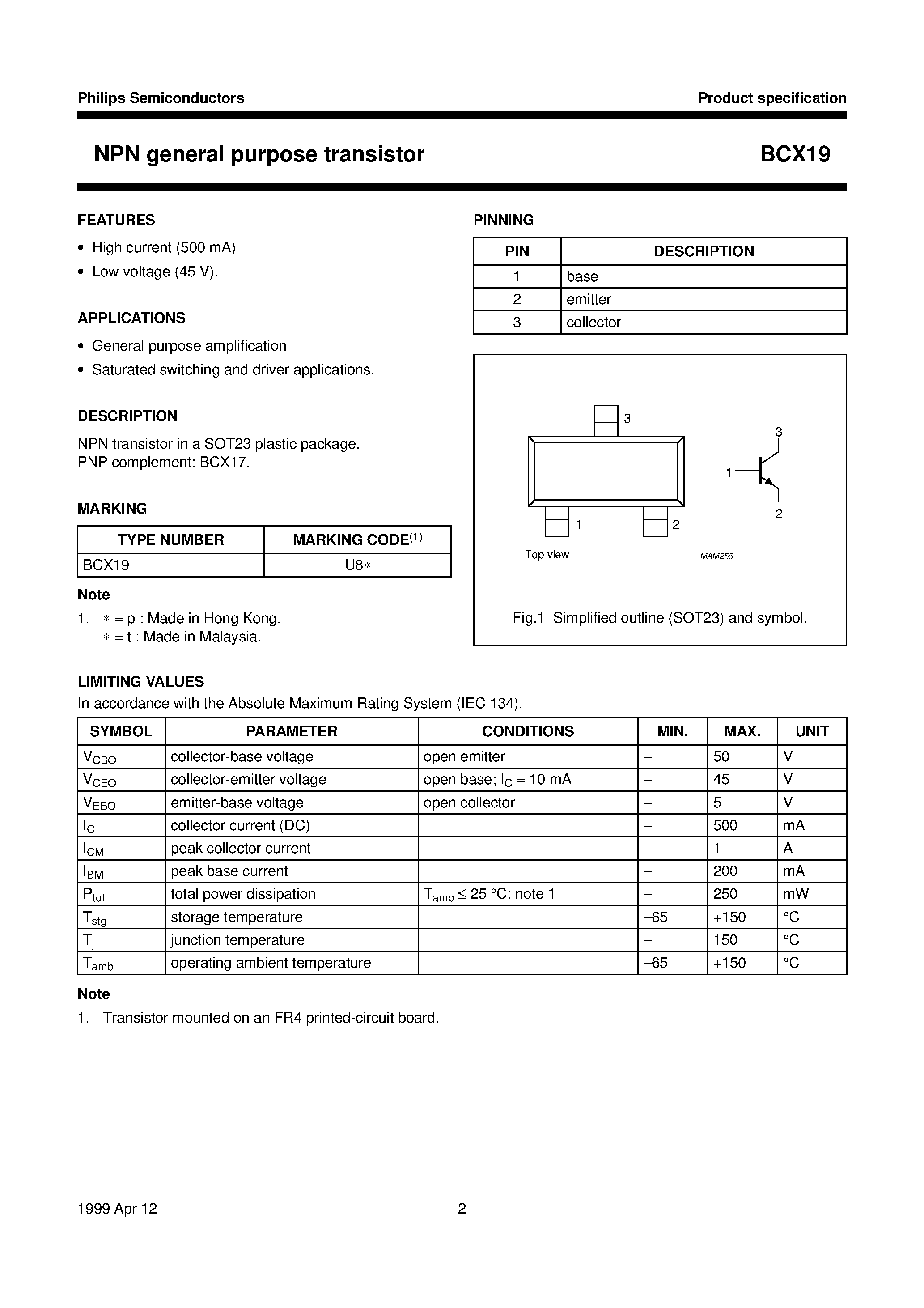 Даташит BCX19 - NPN general purpose transistor страница 2