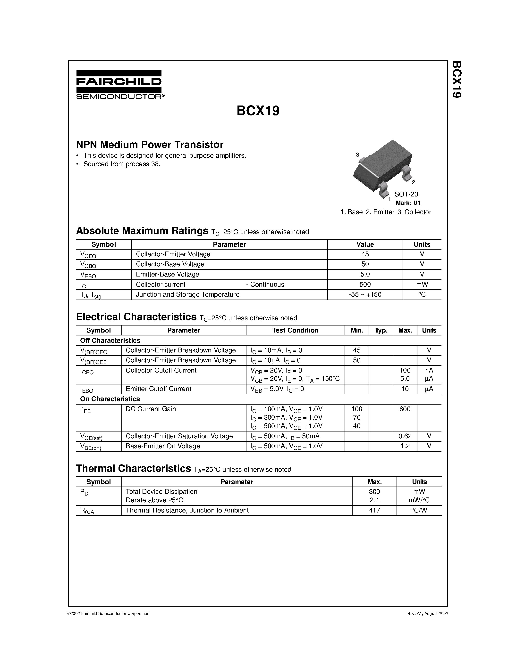 Даташит BCX19 - NPN Medium Power Transistor страница 1