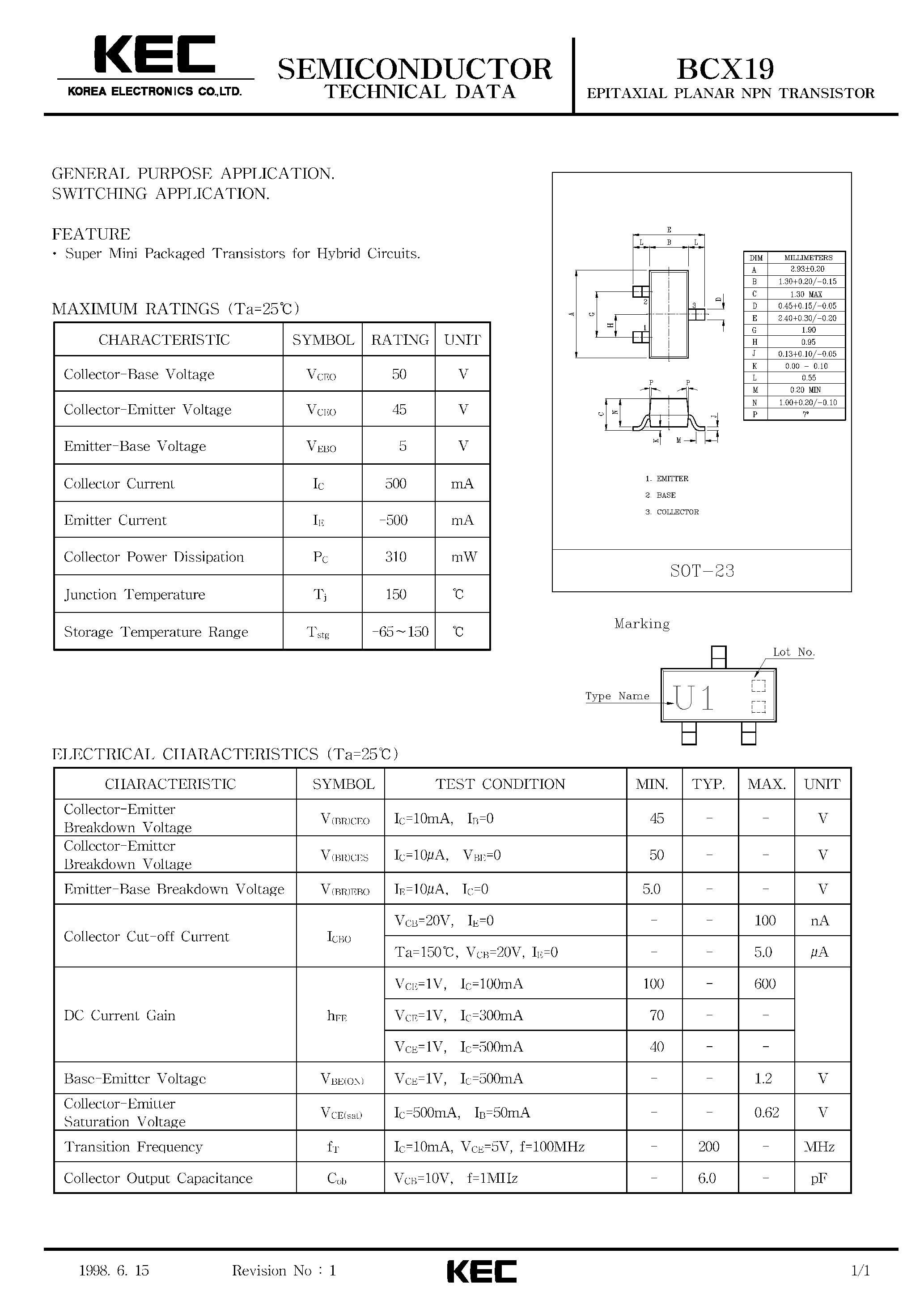 Datasheet BCX19 - EPITAXIAL PLANAR NPN TRANSISTOR (GENERAL PURPOSE/ SWITCHING) page 1
