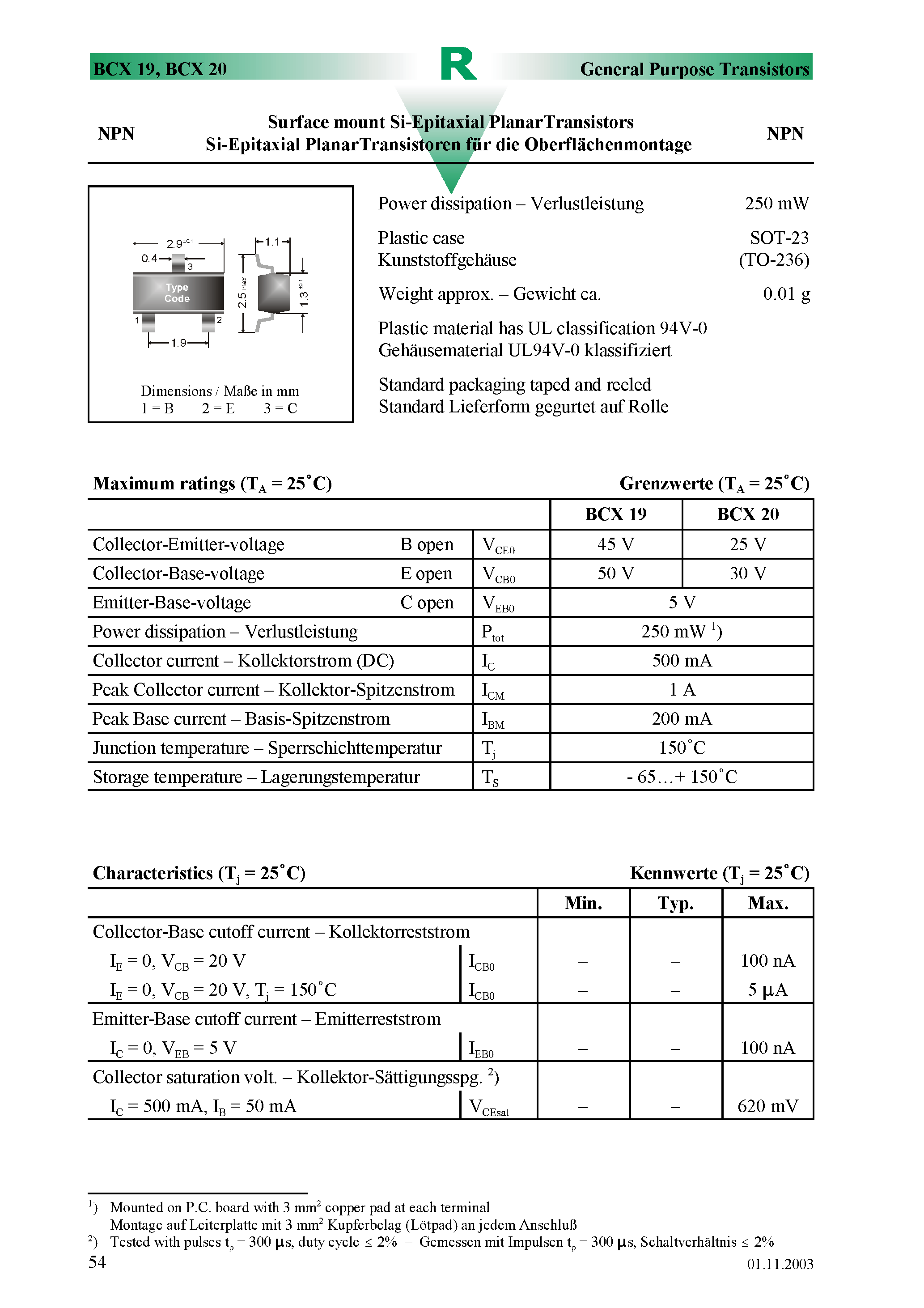 Даташит BCX19 - Surface mount Si-Epitaxial PlanarTransistors страница 1