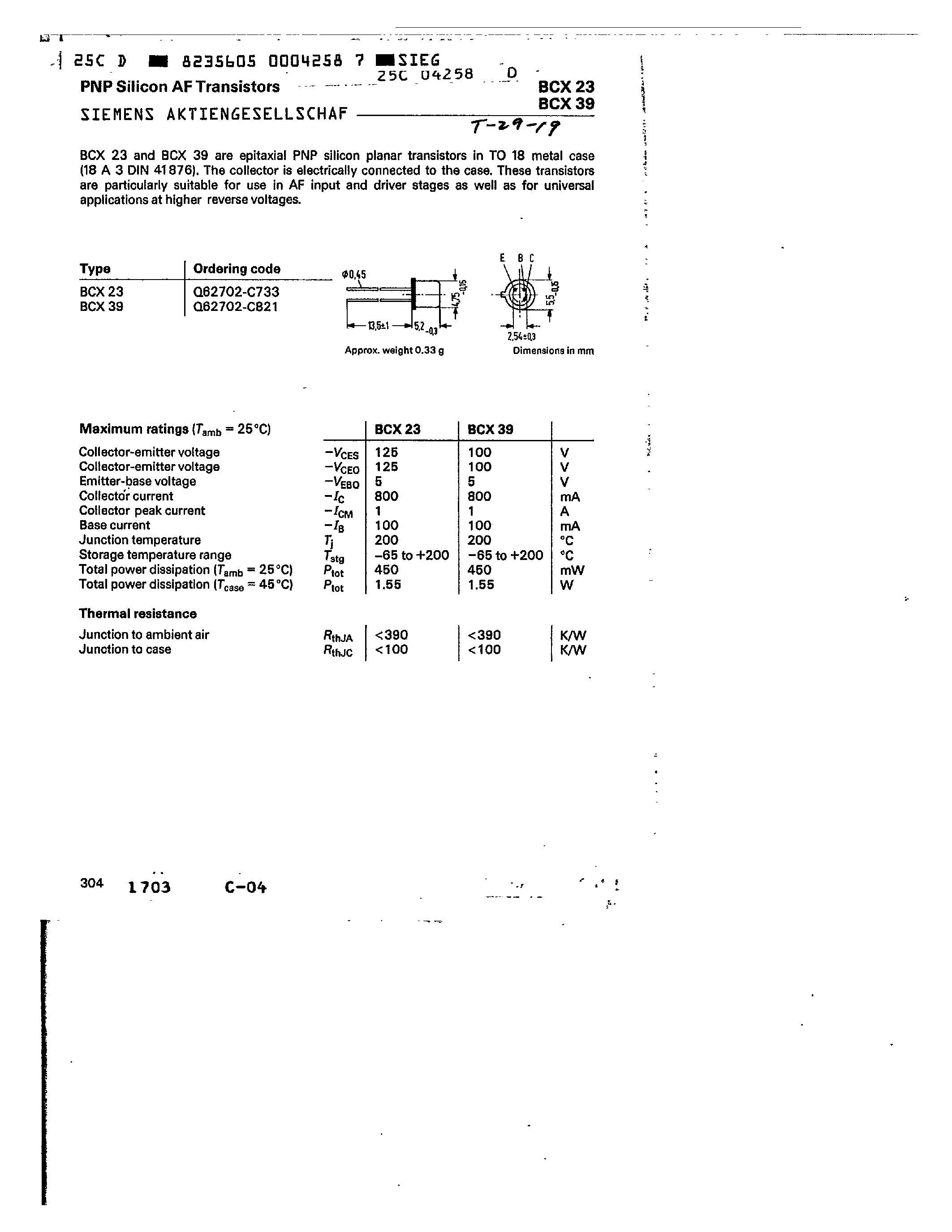 Datasheet BCX39 - PNP SILICON AF TRANSISTORS page 1