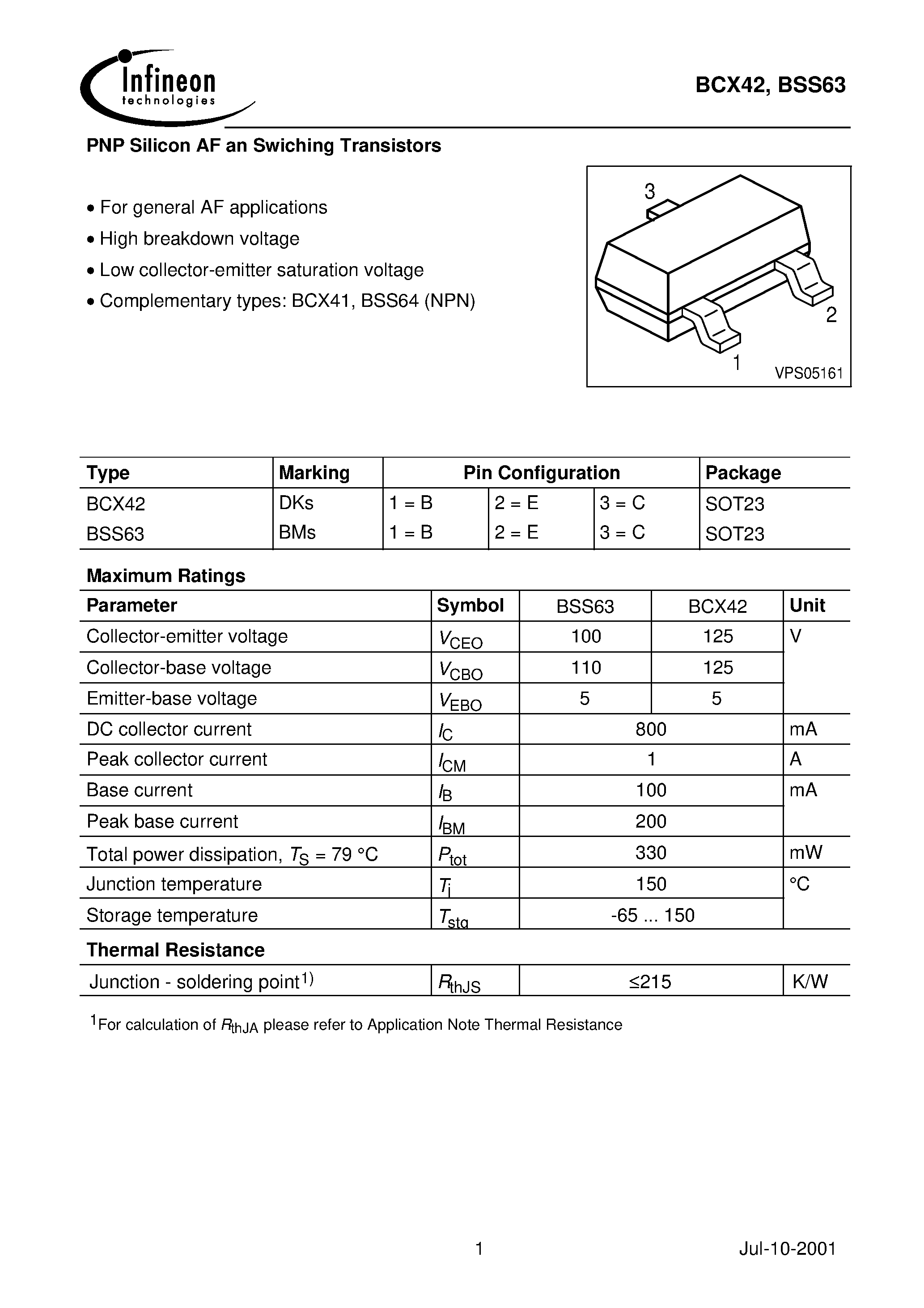 Datasheet BCX42 - PNP Silicon AF an Swiching Transistors page 1