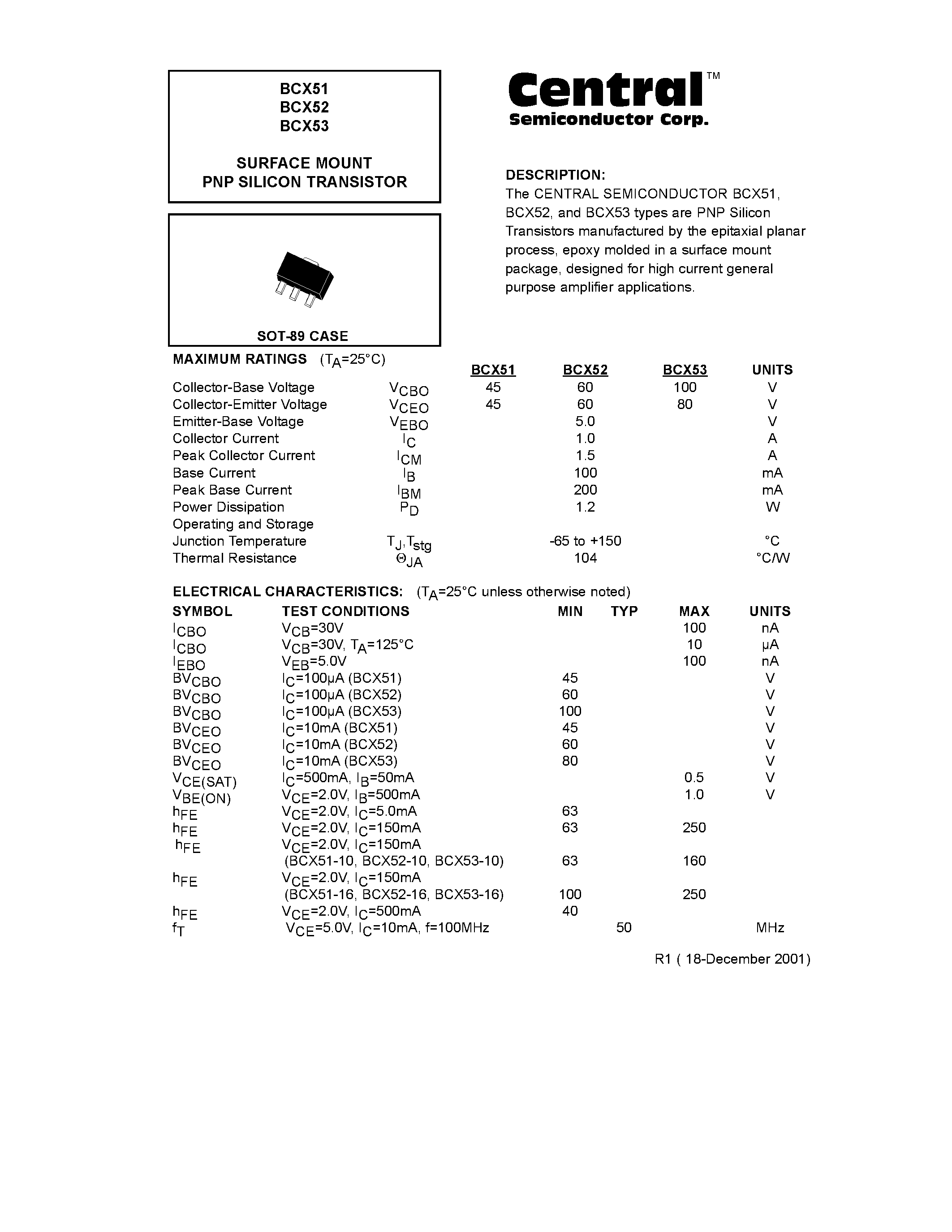 Datasheet BCX51 - SURFACE MOUNT PNP SILICON TRANSISTOR page 1