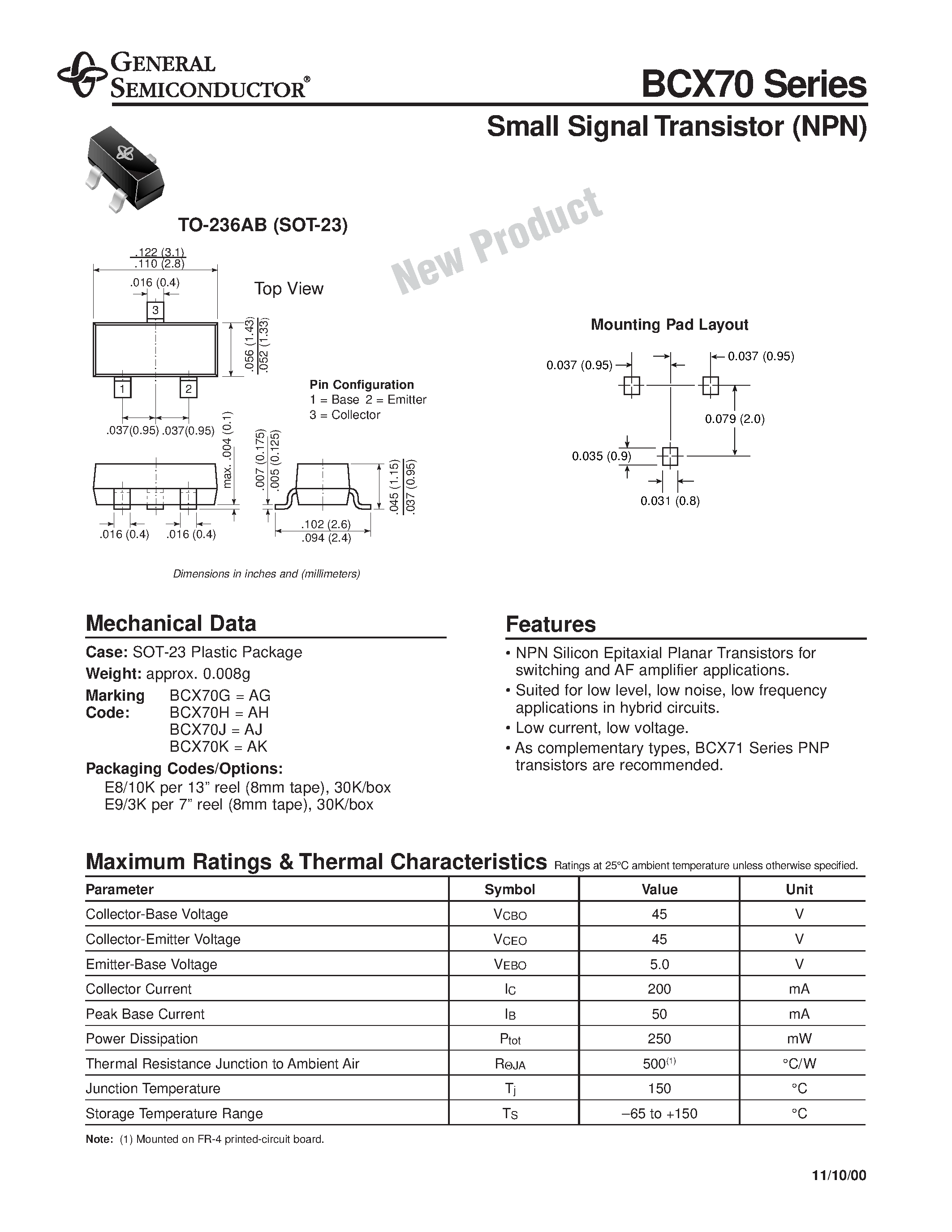 Datasheet BCX70K - Small Signal Transistor (NPN) page 1