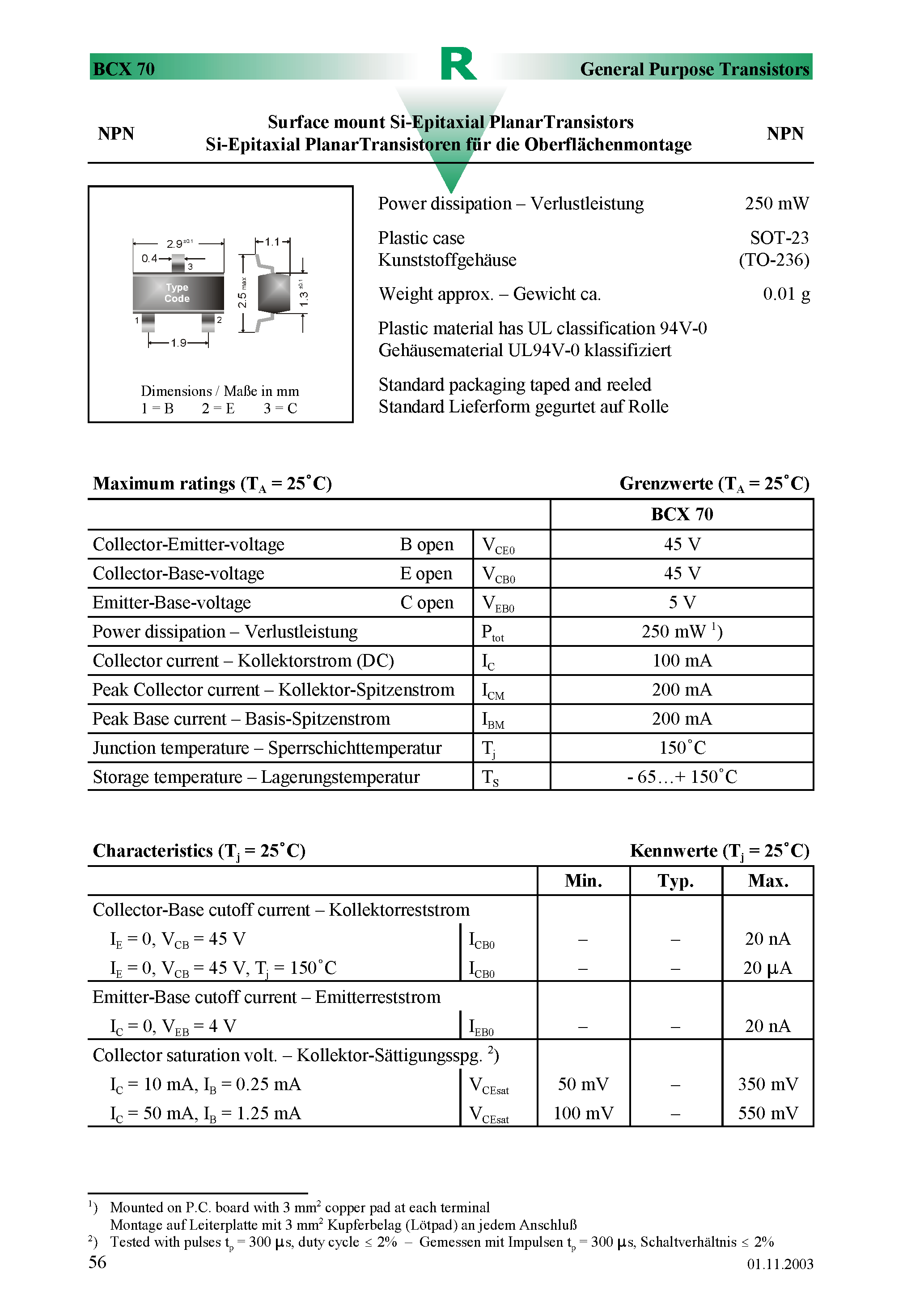 Datasheet BCX70K - Surface mount Si-Epitaxial PlanarTransistors page 1