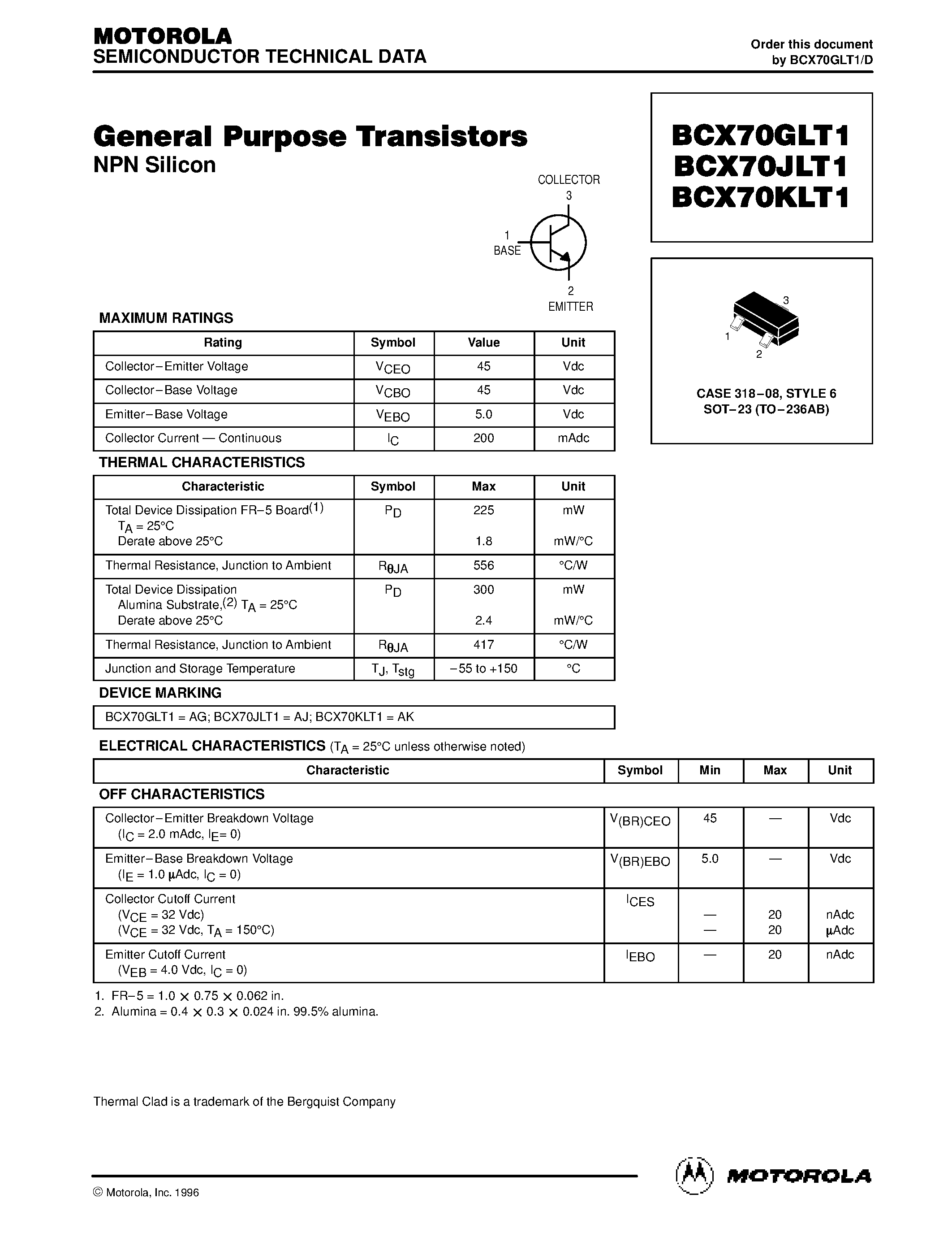 Datasheet BCX70KLT1 - General Purpose Transistors page 1