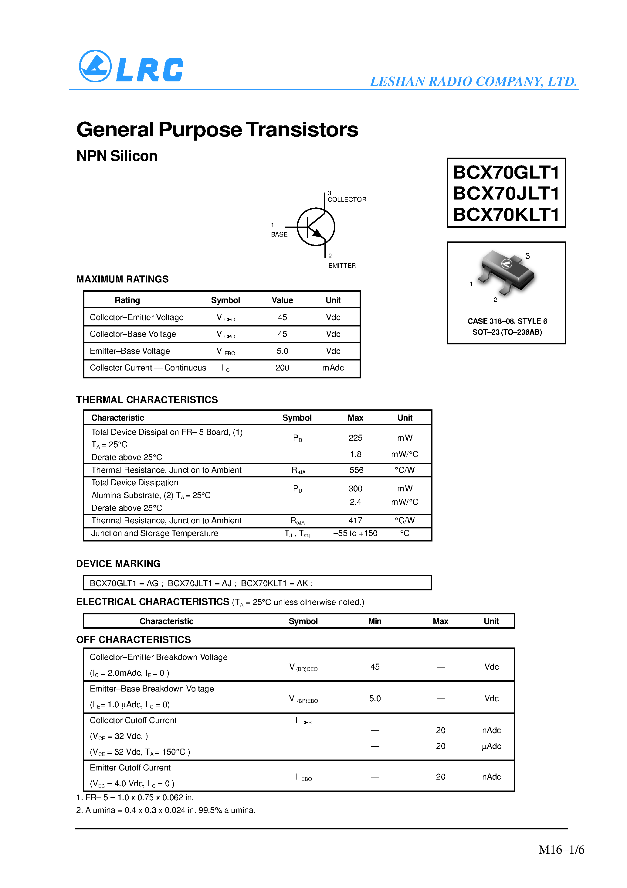 Datasheet BCX70KLT1 - General Purpose Transistors(NPN Silicon) page 1