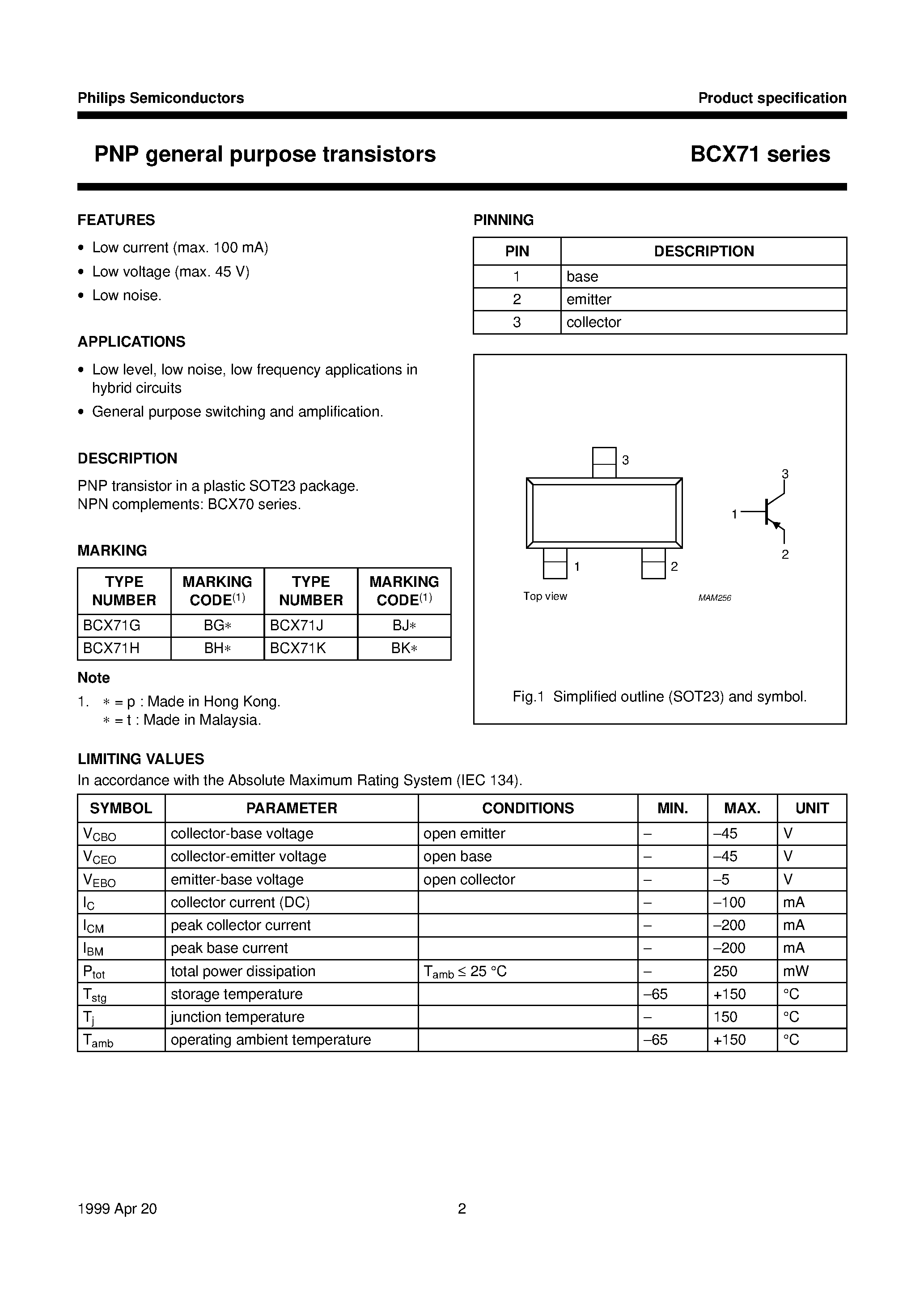 Даташит BCX71H - PNP general purpose transistors страница 2