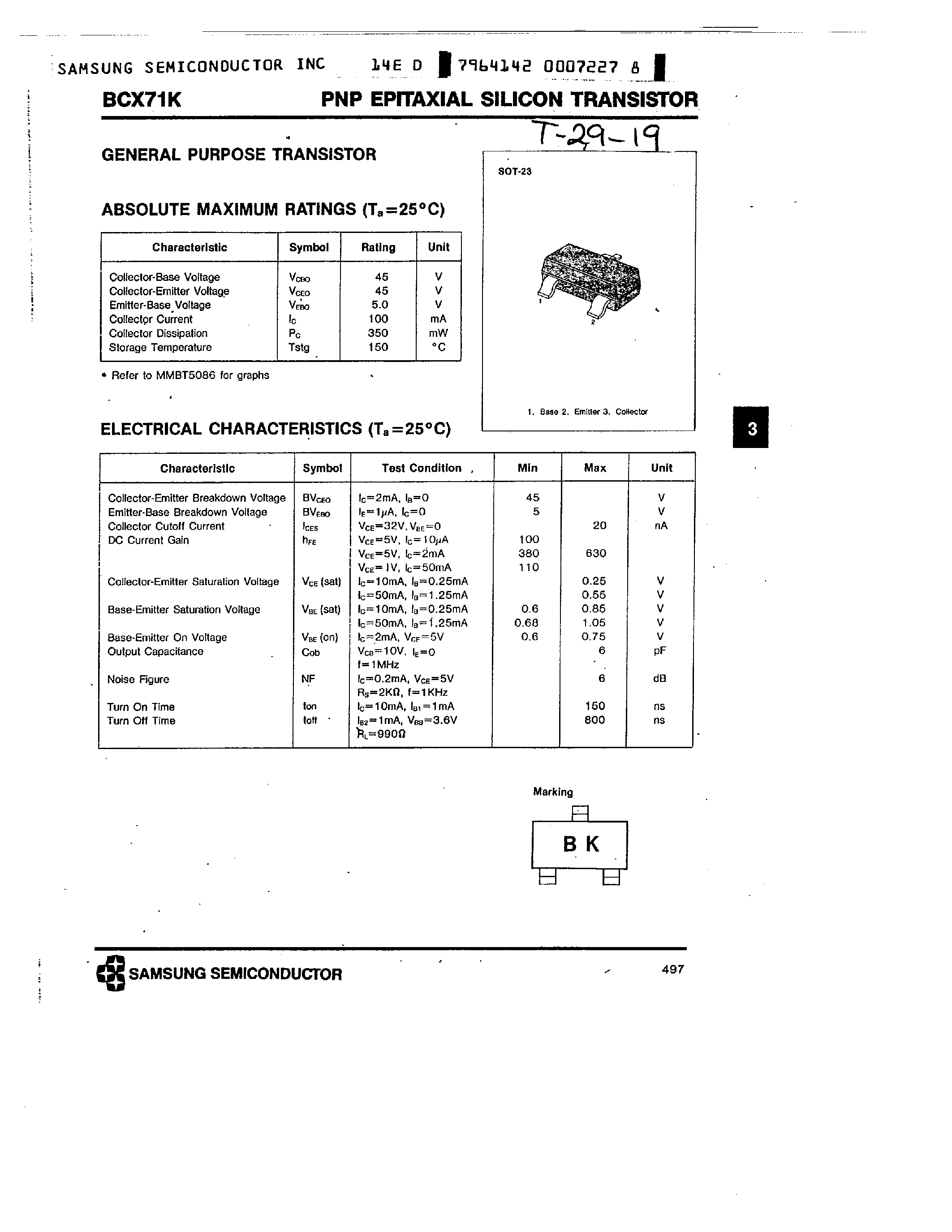 Datasheet BCX71K - PNP EPITAXIAL SILICON TRANSISTOR page 1
