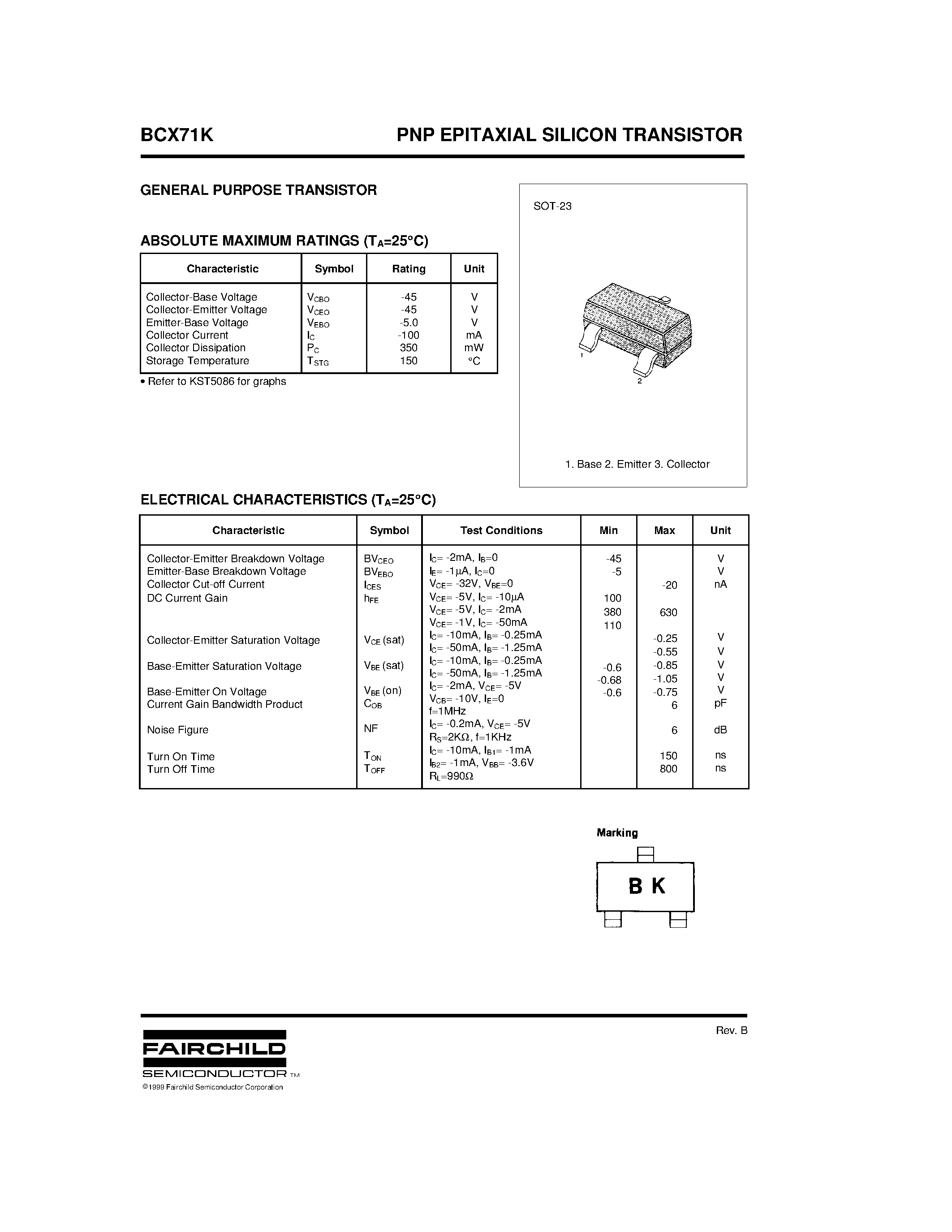Datasheet BCX71K - PNP EPITAXIAL SILICON TRANSISTOR page 1