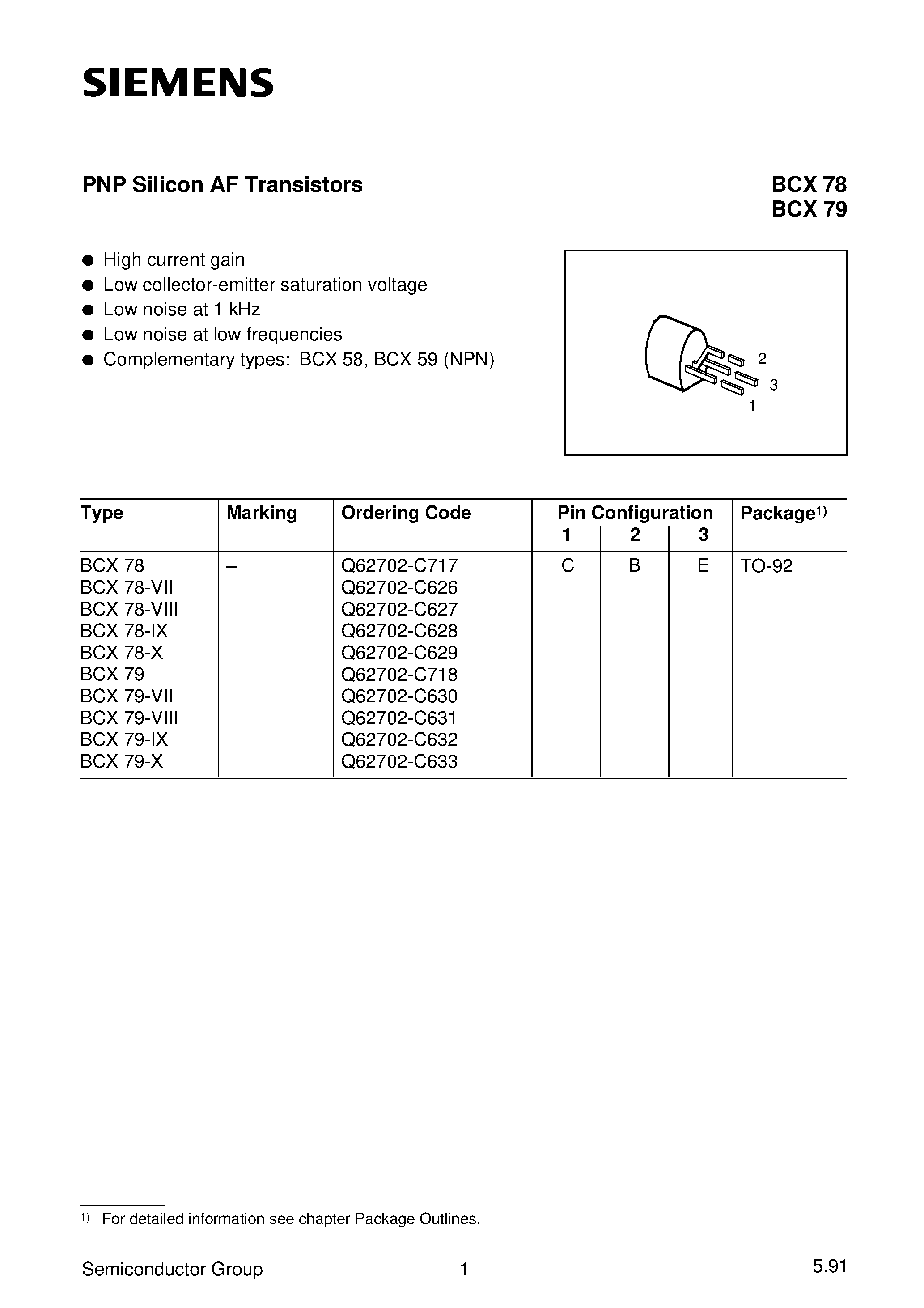 Datasheet BCX78-VII - PNP Silicon AF Transistors (High current gain Low collector-emitter saturation voltage) page 1