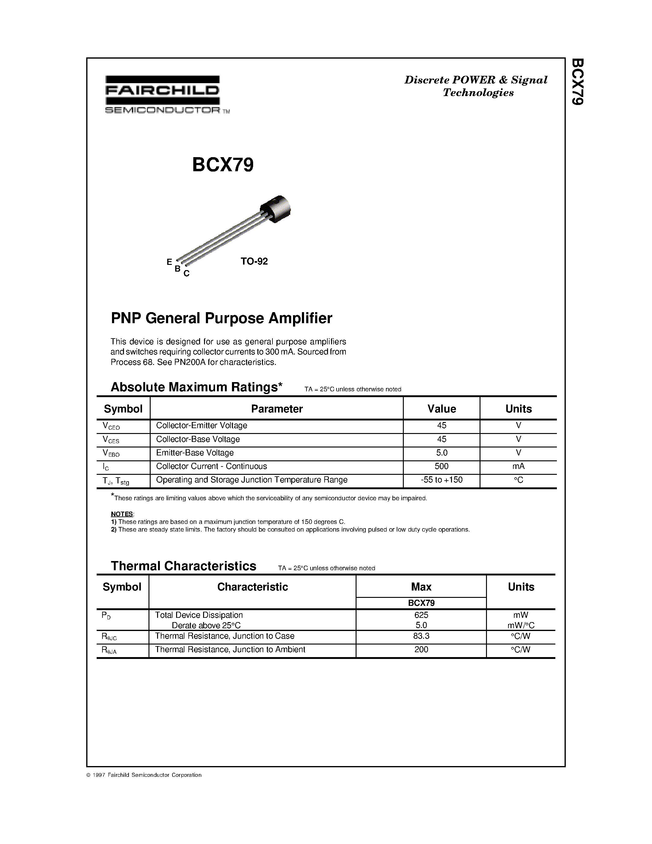 Datasheet BCX79 - PNP General Purpose Amplifier page 1