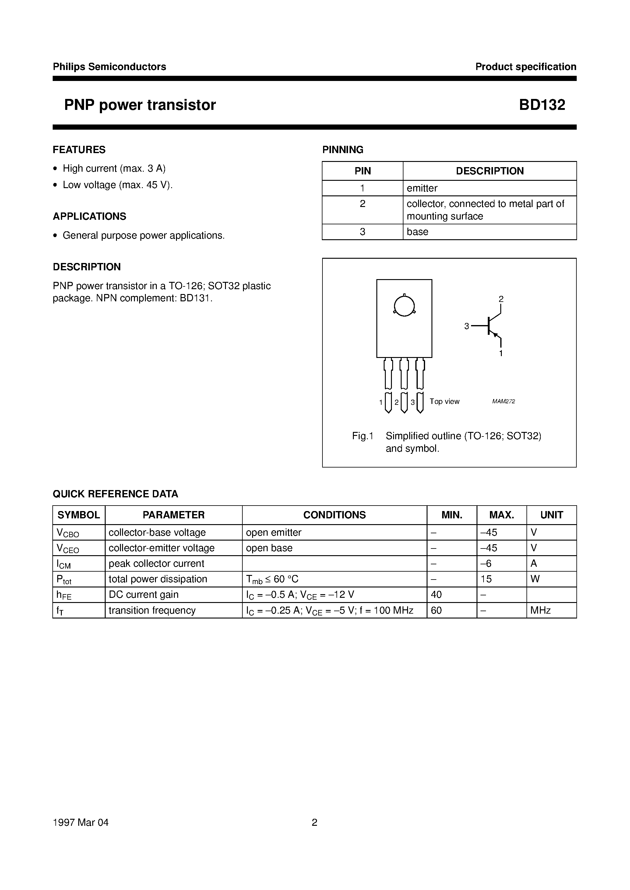 Даташит BD132 - PNP power transistor страница 2