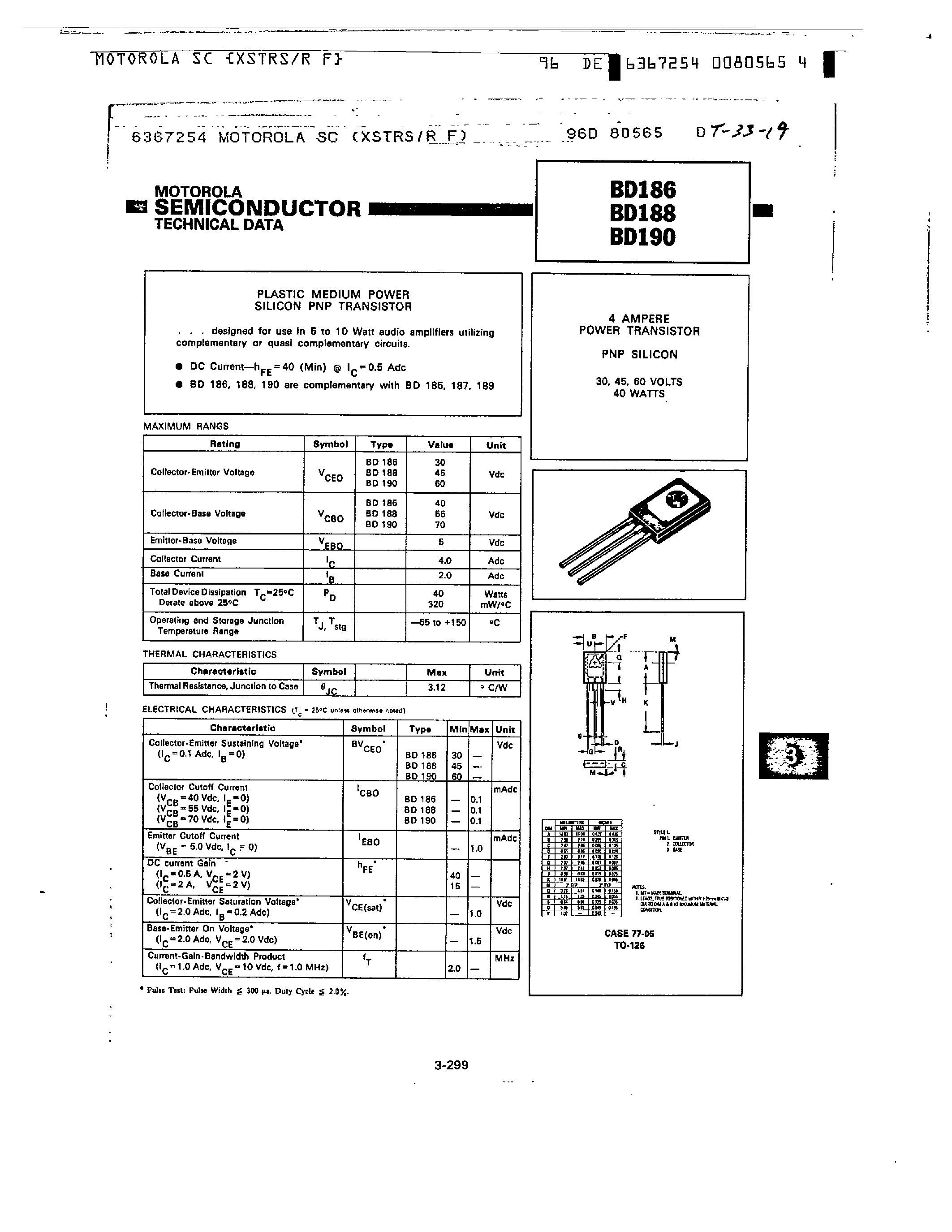 Datasheet BD188 - PLASTIC MEDIUM POWER SILICON PNP TRANSISTOR page 1