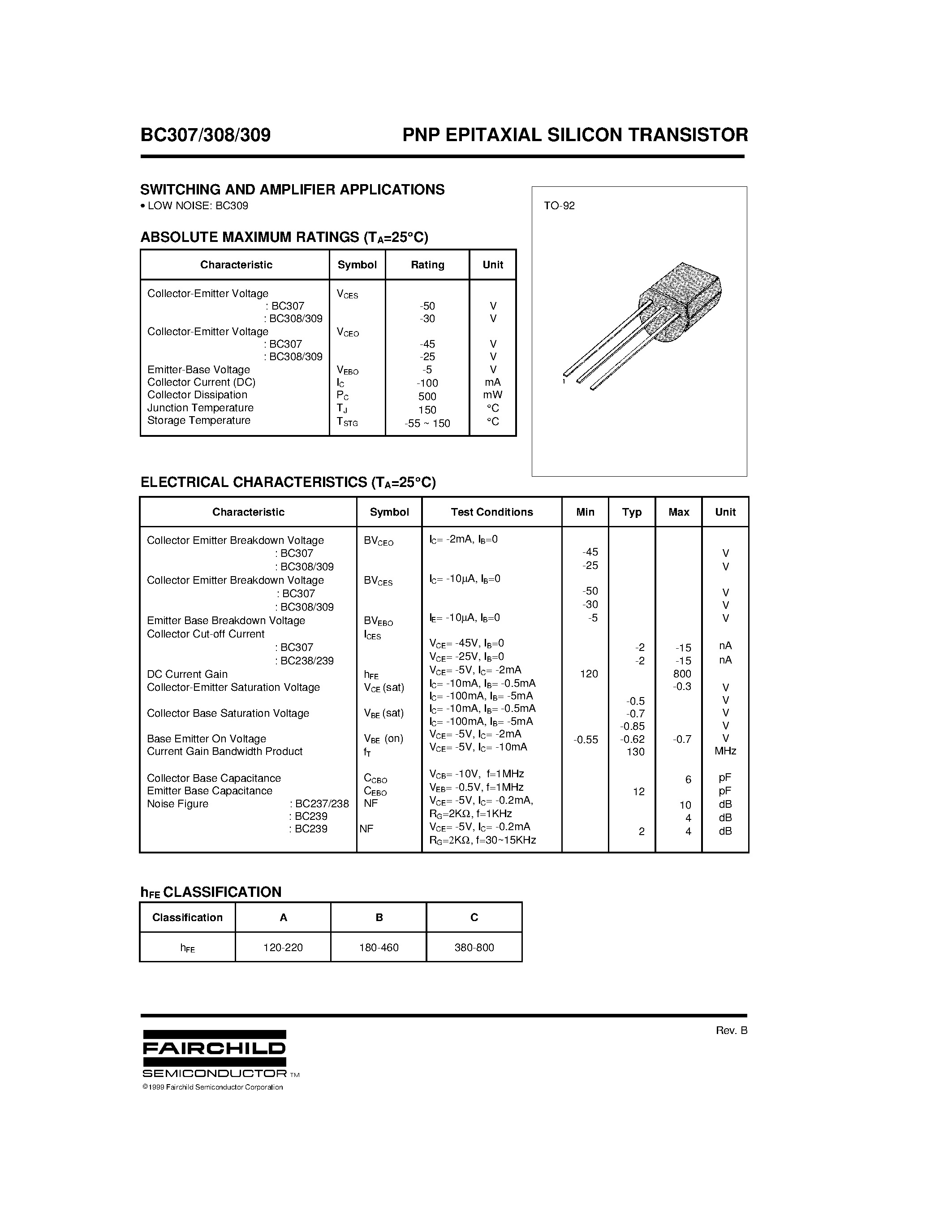 Datasheet BC308 - EPITAXIAL PLANAR NPN TRANSISTOR (GENERAL PURPOSE/ LOW NOISE AMPLIFIER) page 1