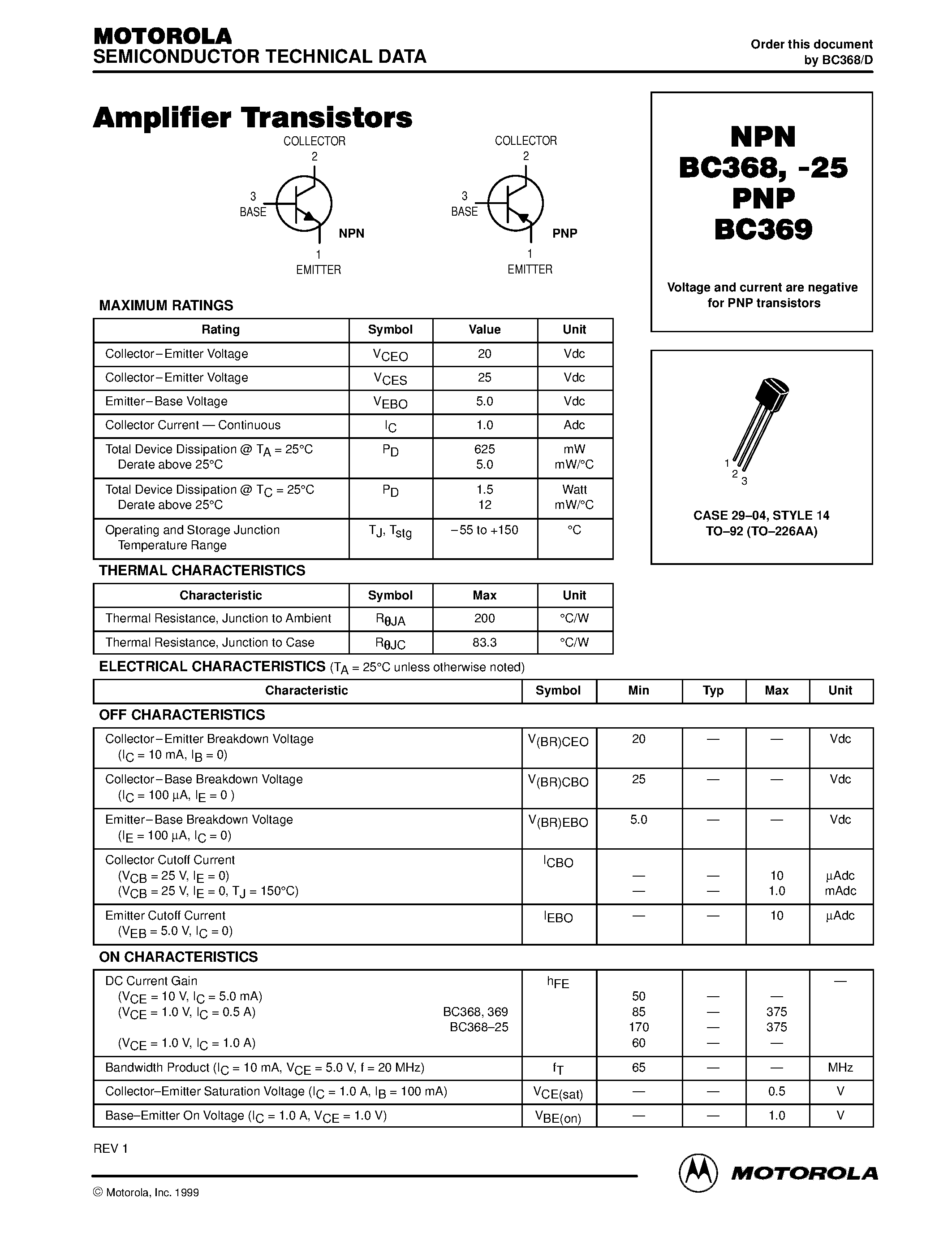 Datasheet BC368 - NPN medium power transistor page 1