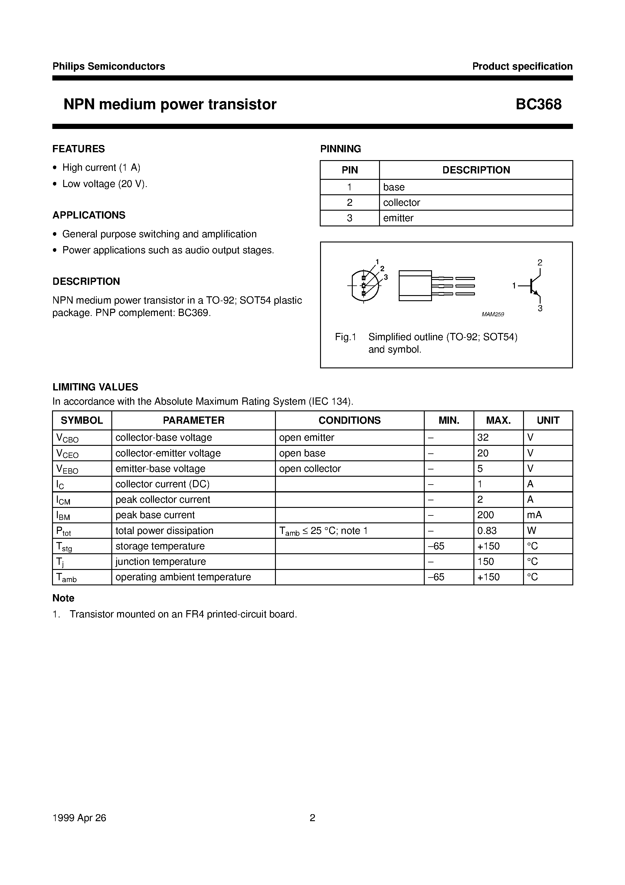 Datasheet BC368 - NPN Silicon AF Transistor (High current gain High collector current) page 2