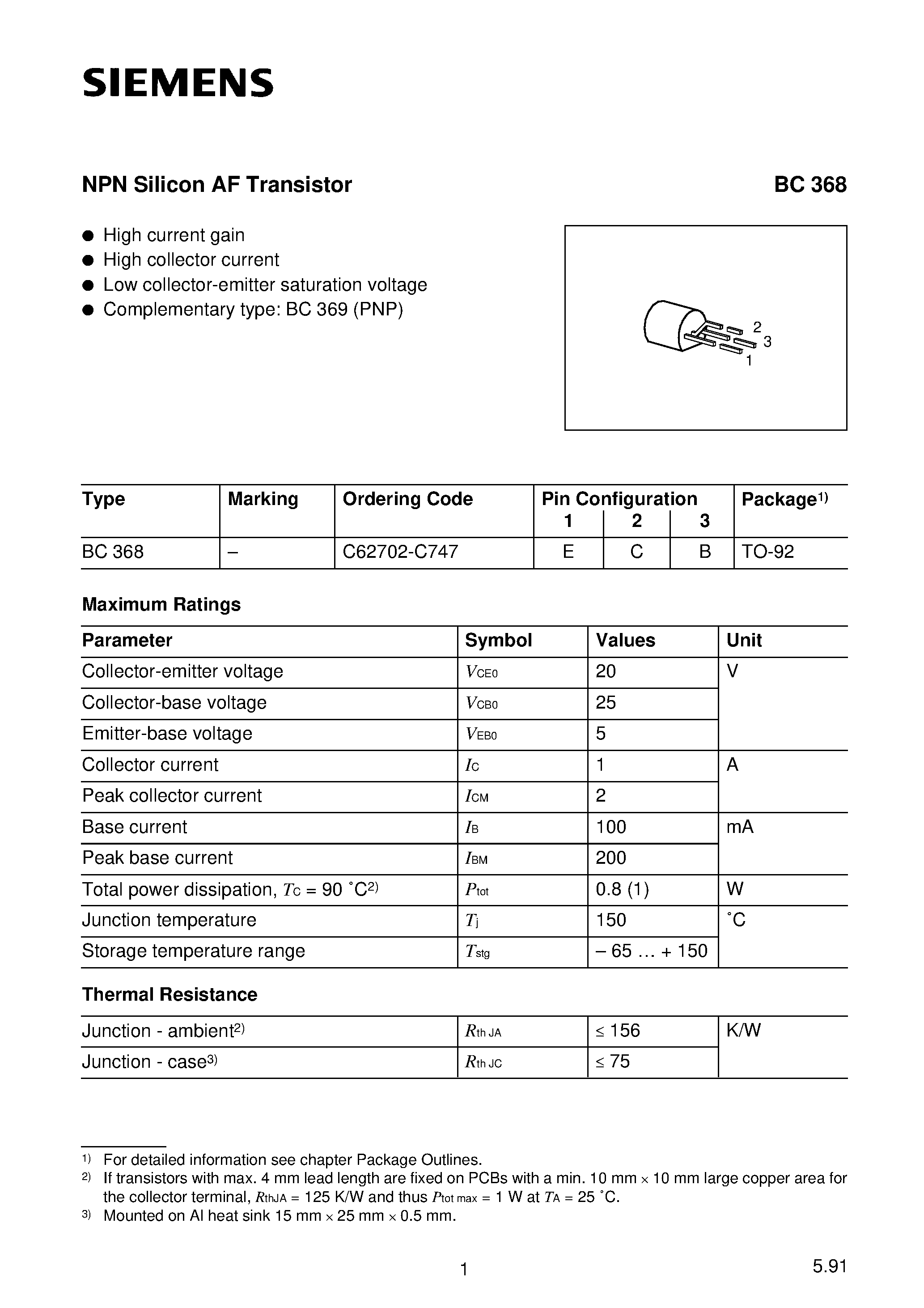 Datasheet BC368 - NPN General Purpose Amplifier page 1