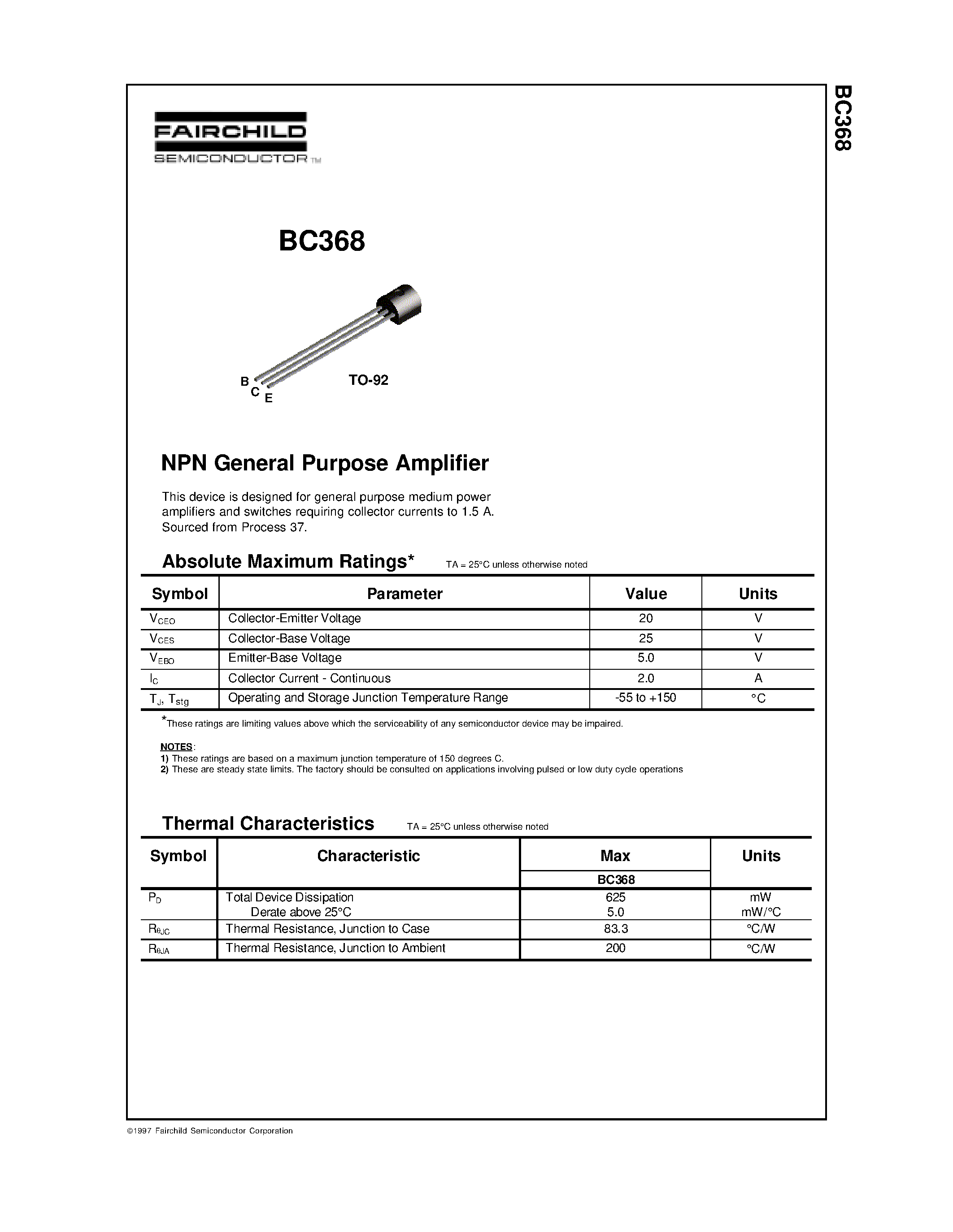 Datasheet BC368 - COMPLEMENTARY SILICON EPITAXIAL TRANSISTOR page 1