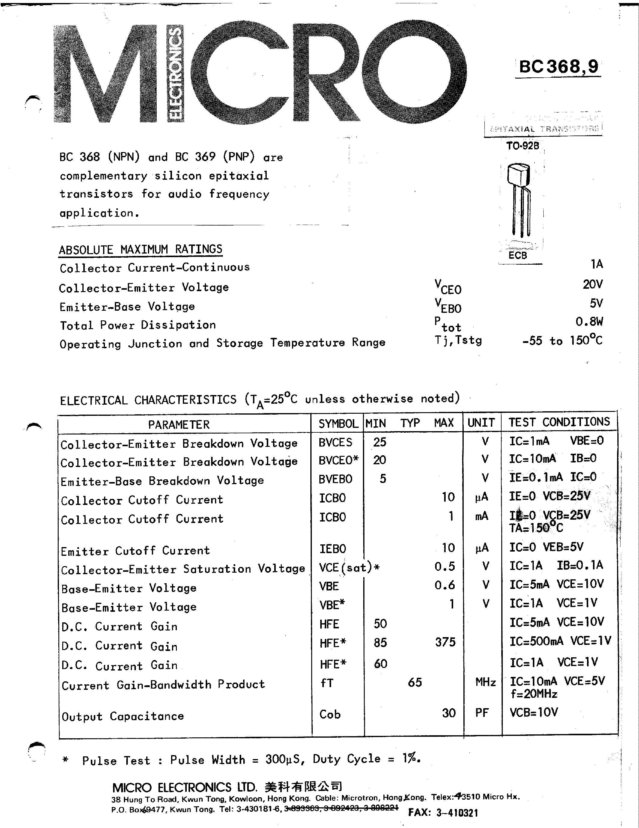 Datasheet BC368-25 - Amplifier Transistors page 1