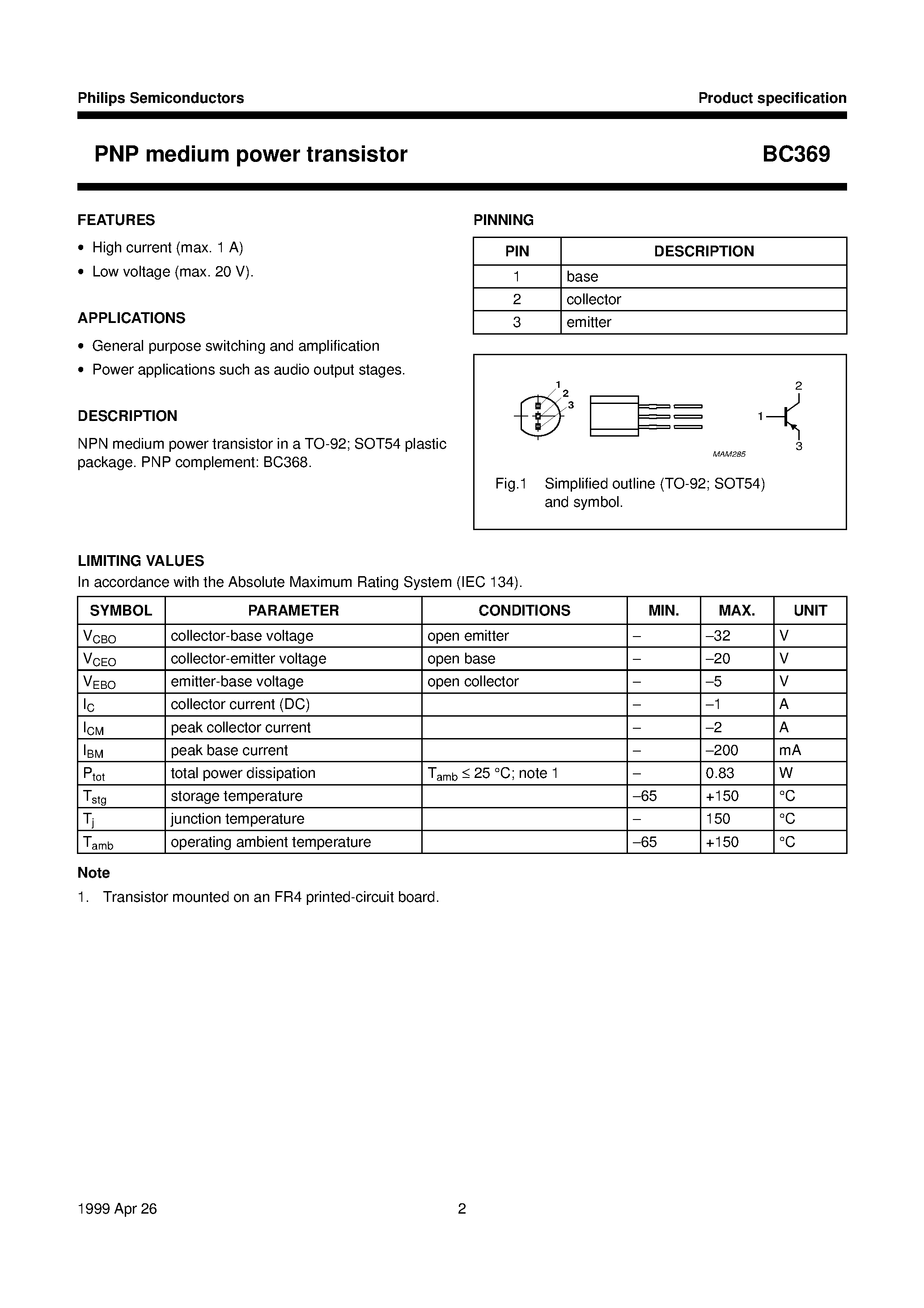 Даташит BC369 - PNP medium power transistor страница 2