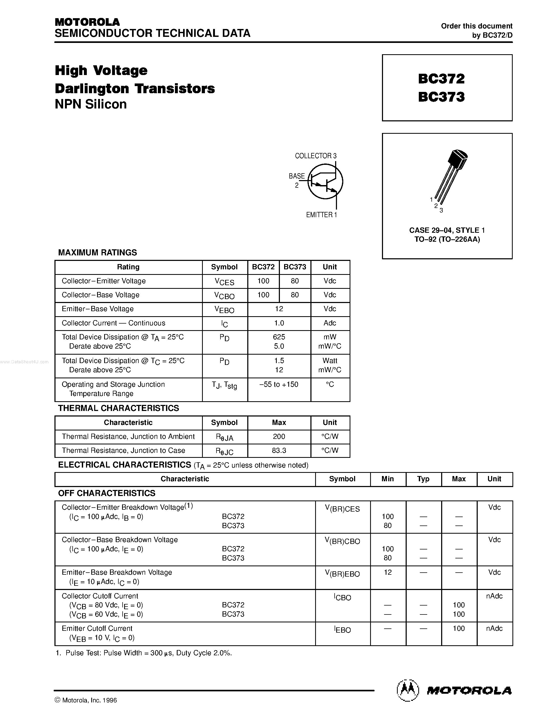 Datasheet BC372 - High Voltage Darlington Transistors page 1