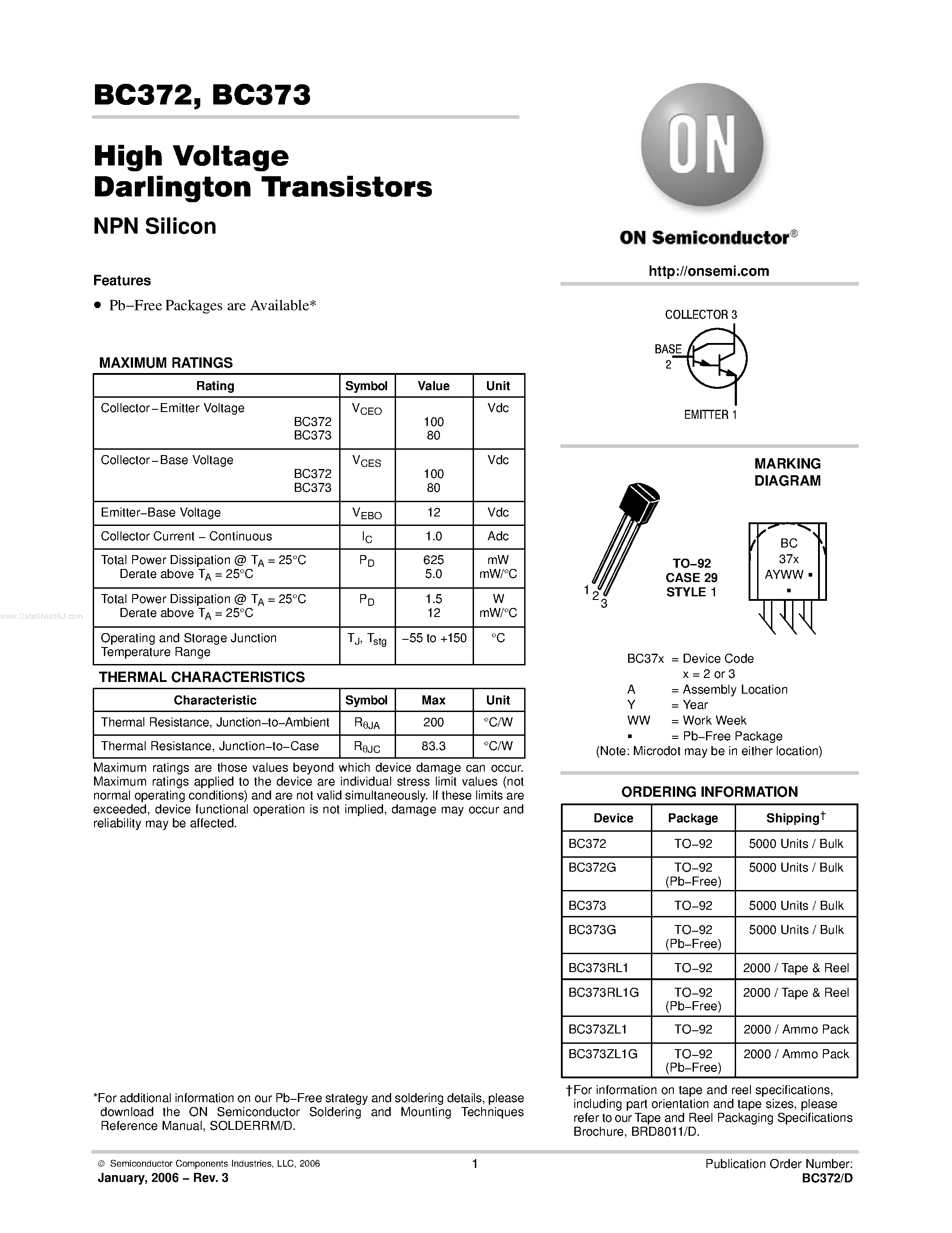 Даташит BC372 - High Voltage Darlington Transistors(NPN Silicon) страница 1