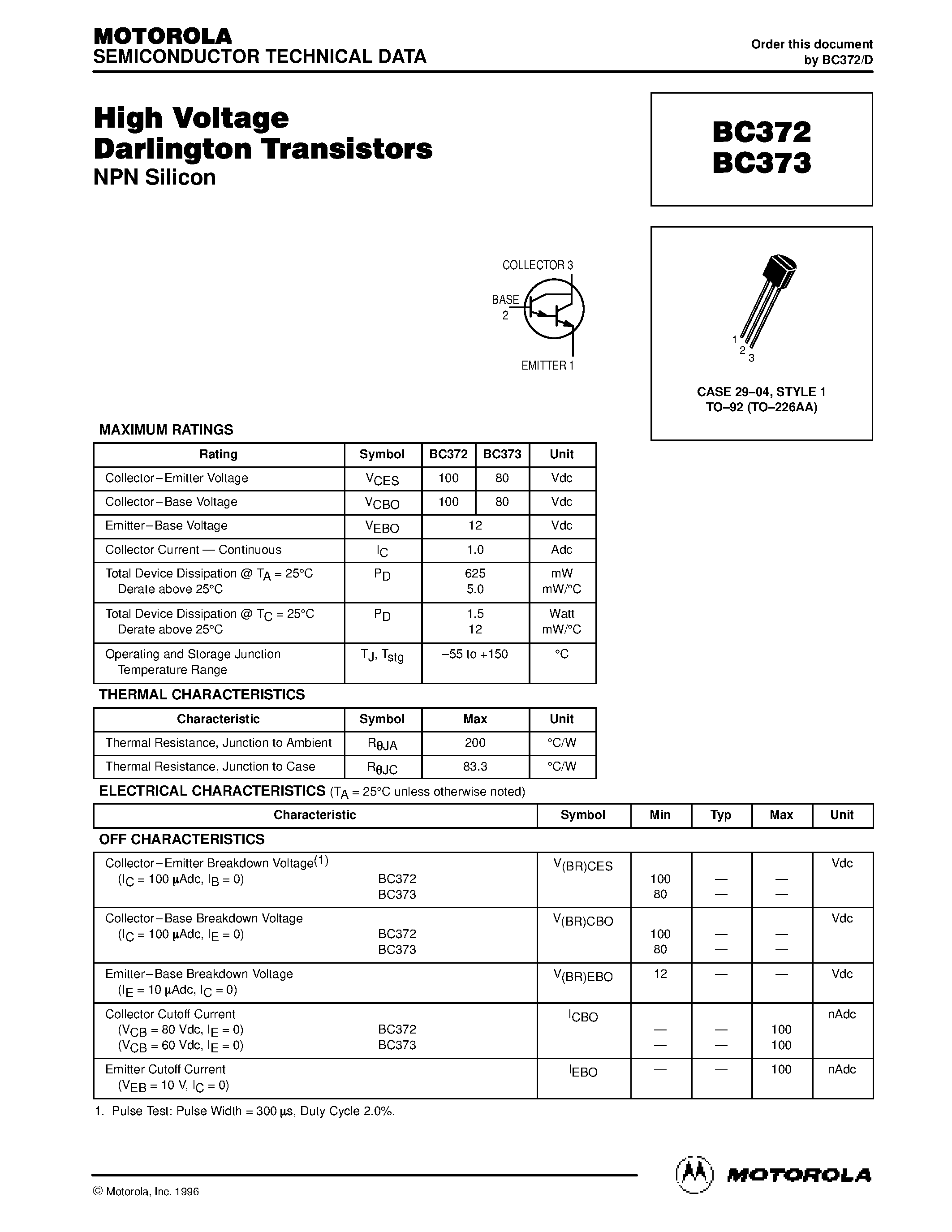 Datasheet BC373 - High Voltage Darlington Transistors page 1