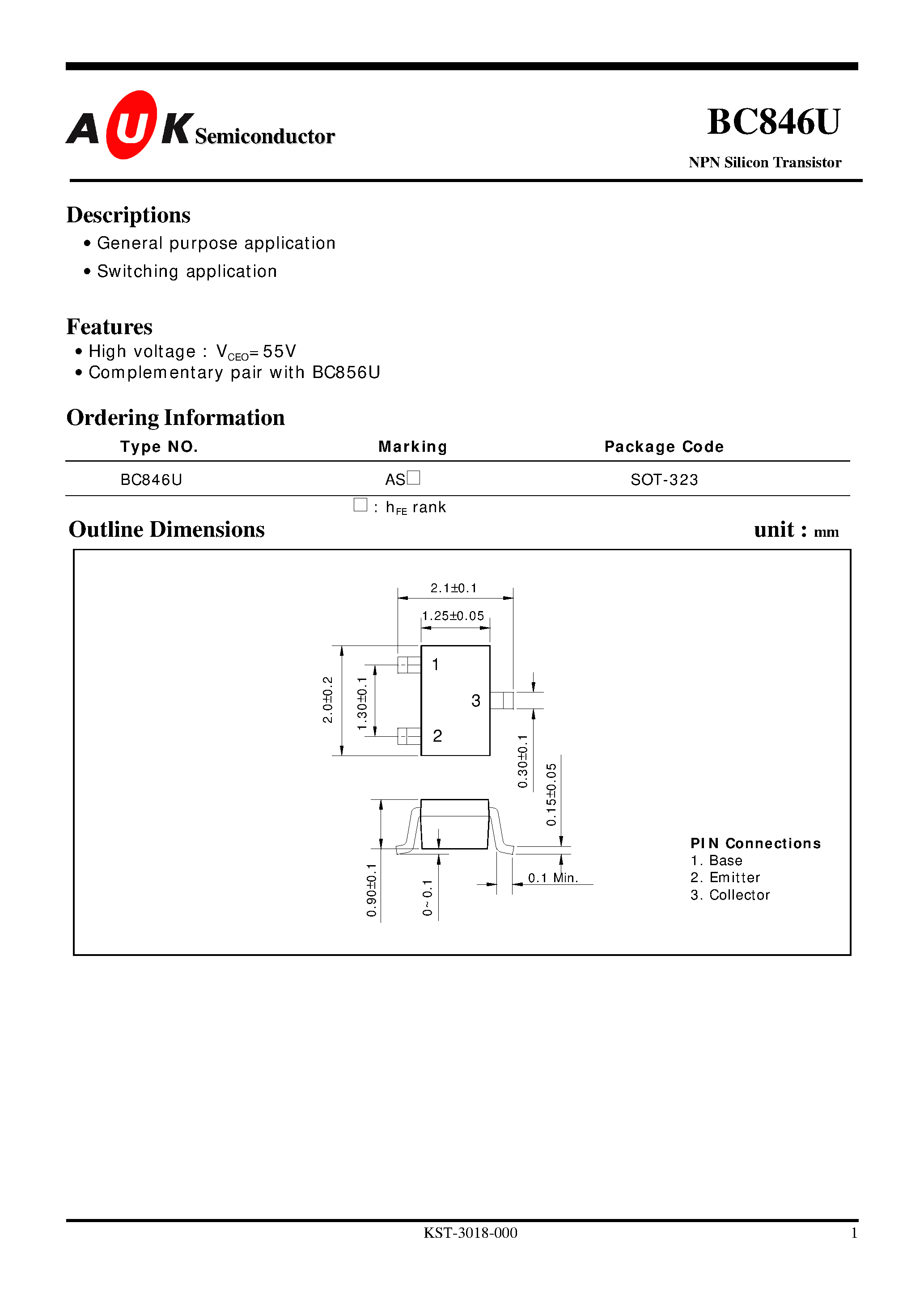 Datasheet BC846U - NPN Silicon Transistor (General purpose application Switching application) page 1