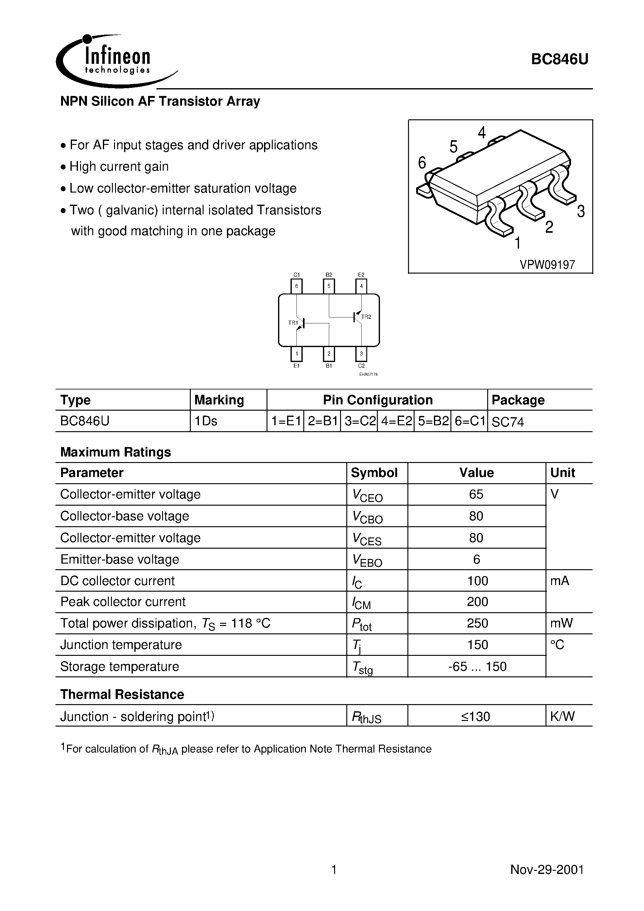 Datasheet BC846U - NPN Silicon AF Transistor Array page 1