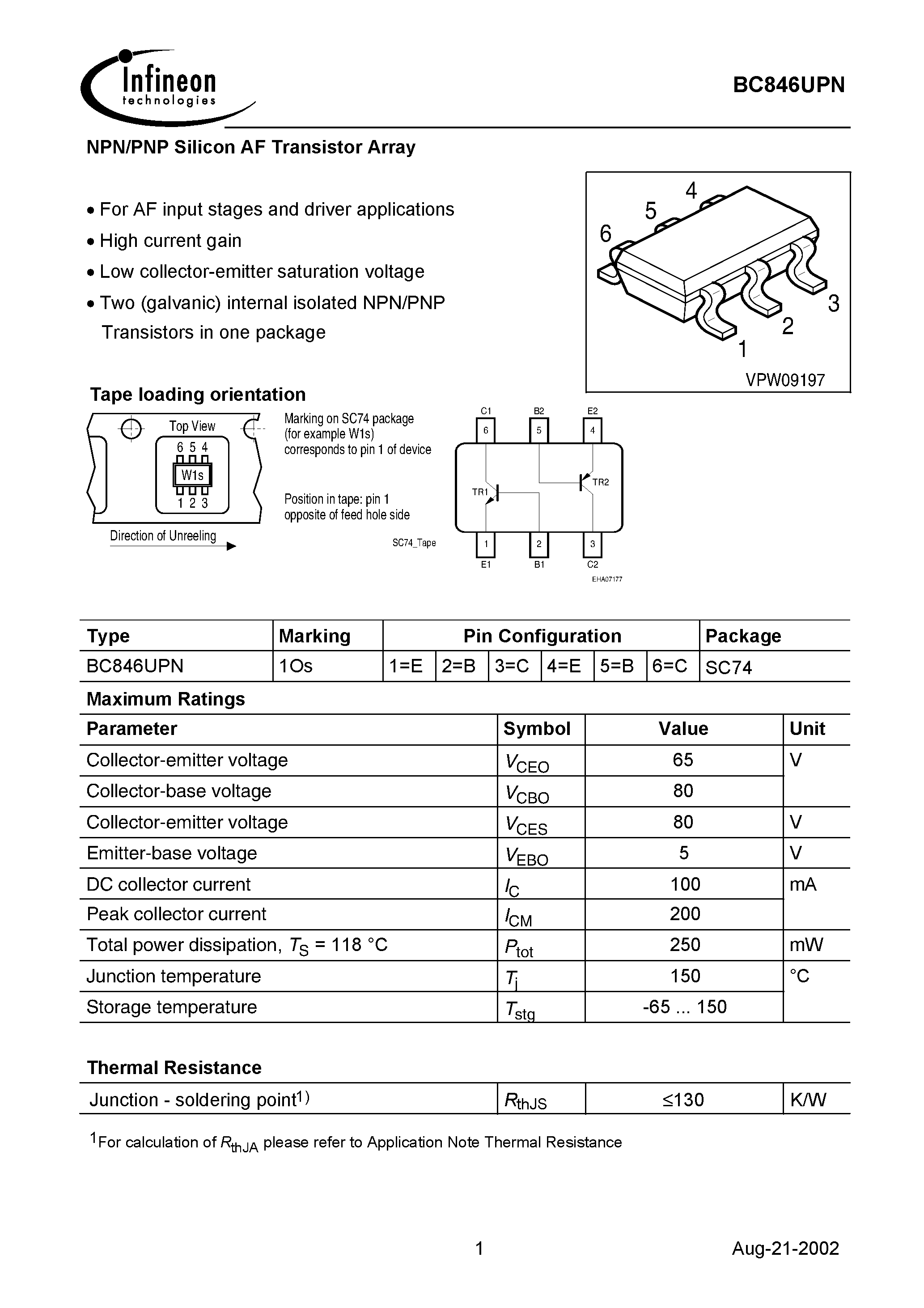 Datasheet BC846UPN - NPN/PNP Silicon AF Transistor Array page 1