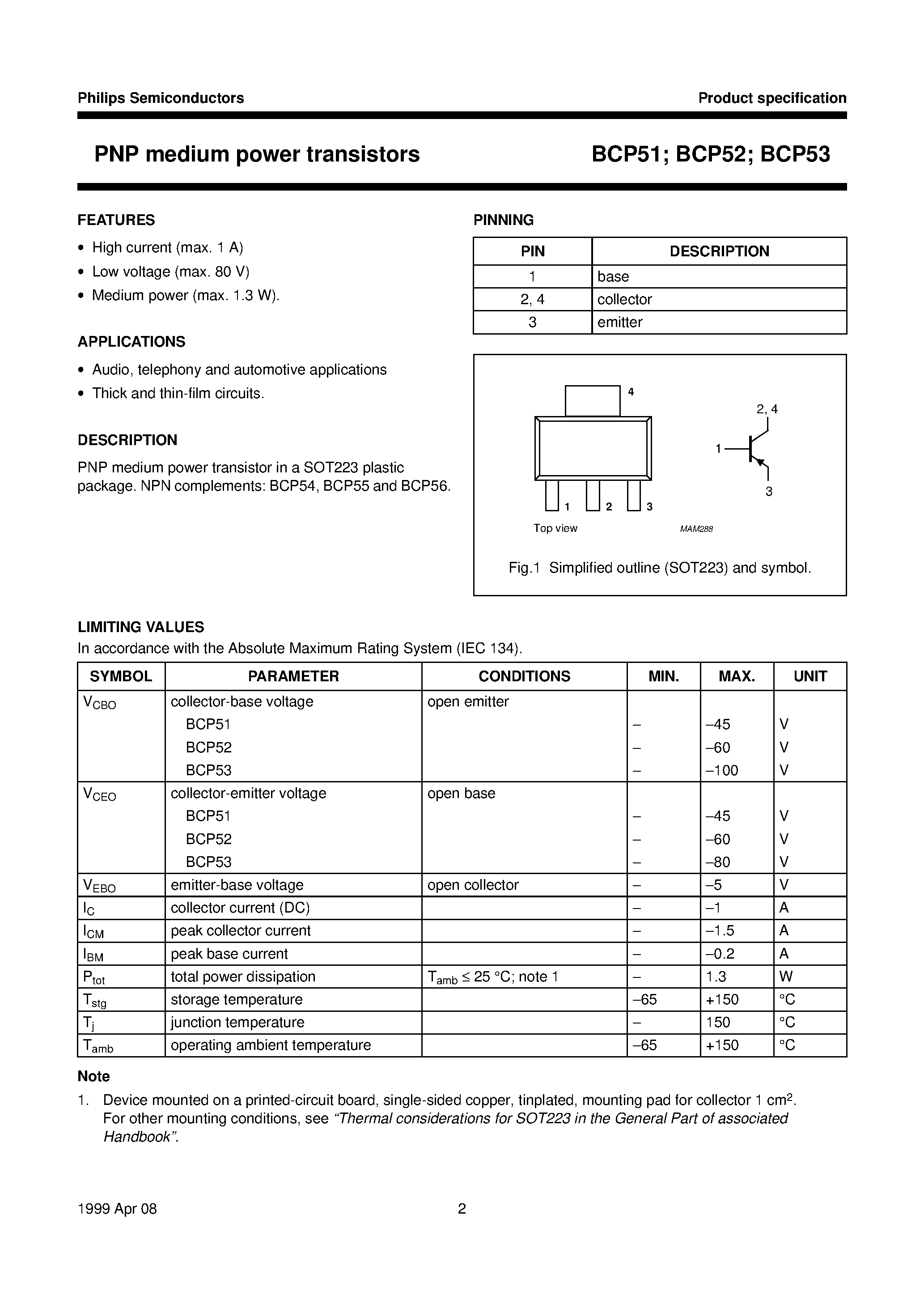Даташит BCP51 - PNP medium power transistors страница 2