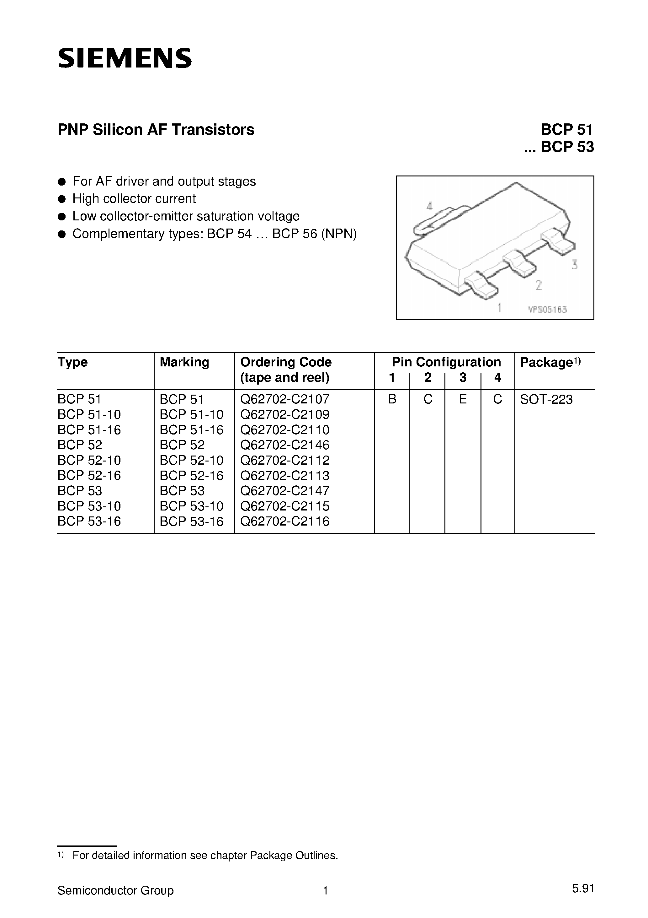 Datasheet BCP51-10 - PNP Silicon AF Transistors (For AF driver and output stages High collector current) page 1