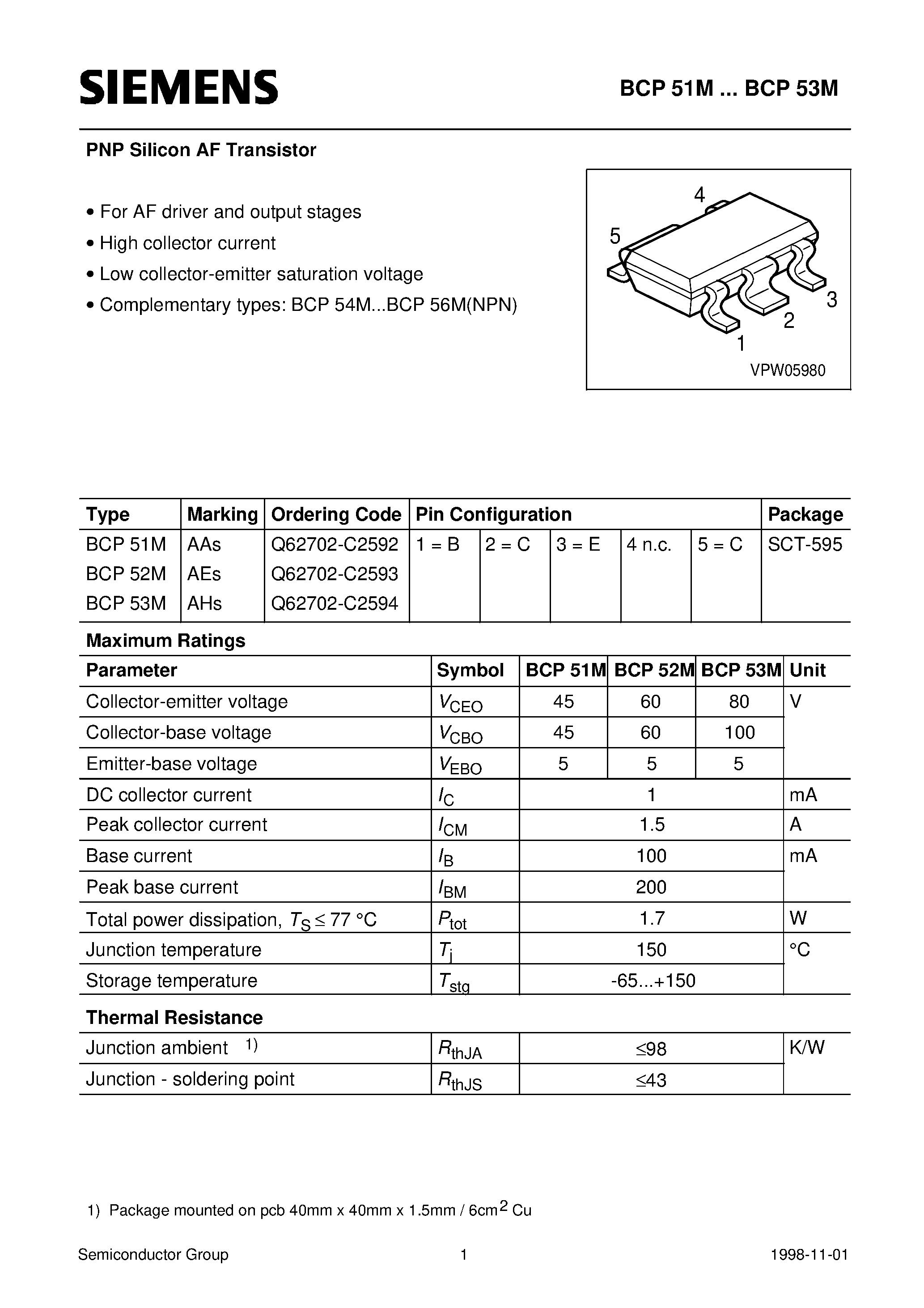 Datasheet BCP51MBCP53M - PNP Silicon AF Transistor (For AF driver and output stages High collector current) page 1