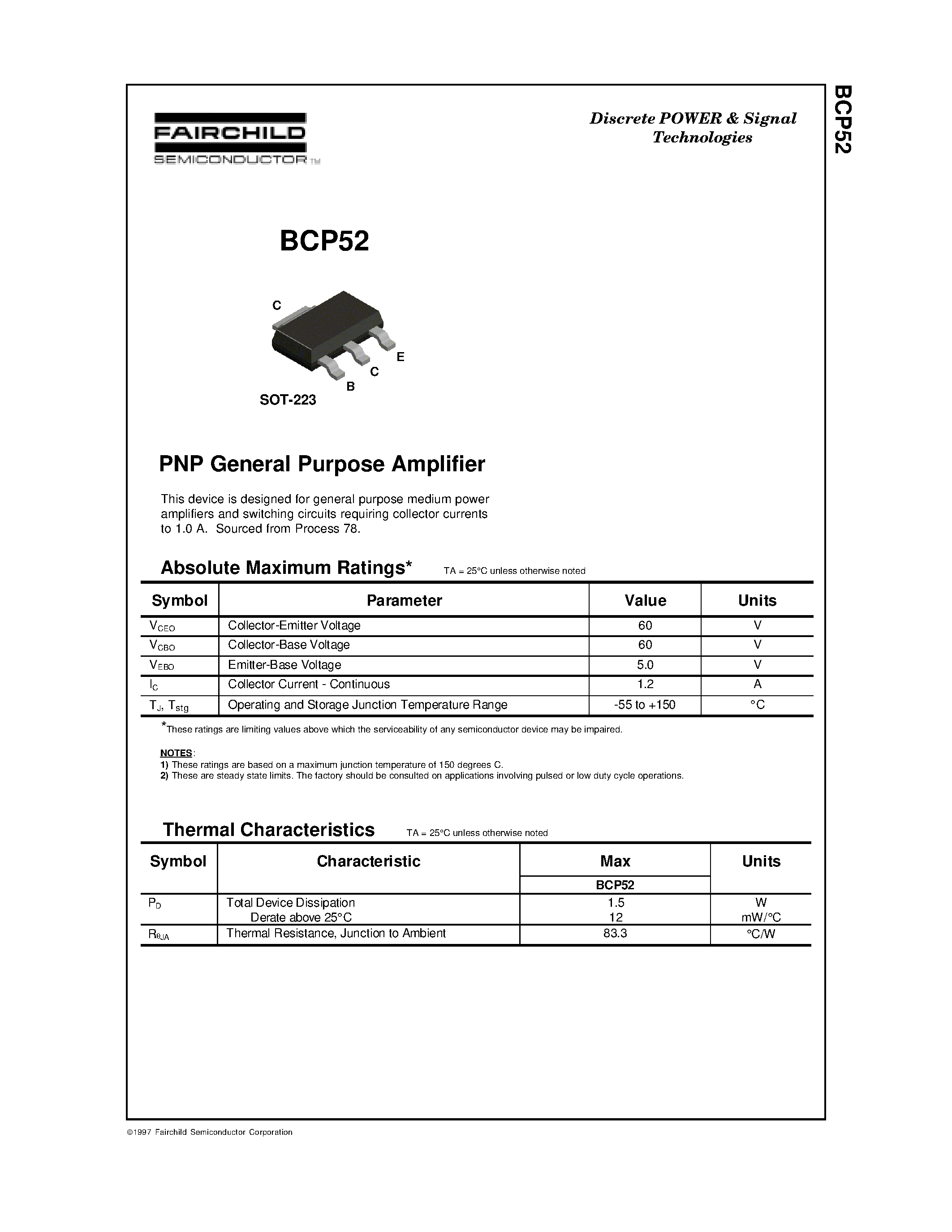 Datasheet BCP52 - PNP General Purpose Amplifier page 1
