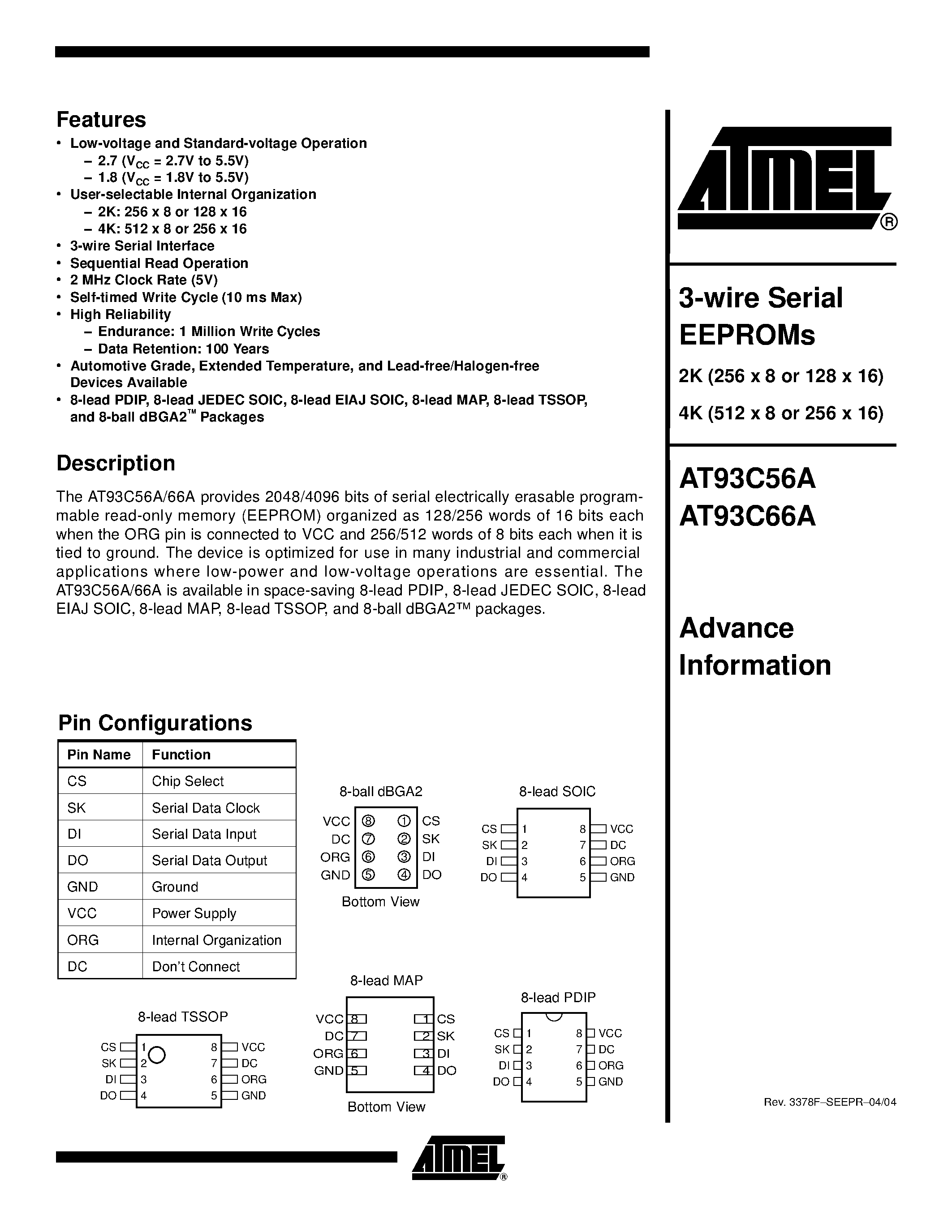 Datasheet AT93C56A-10PI-1.8 - 3-wire Serial EEPROMs 2K (256 x 8 or 128 x 16) page 1