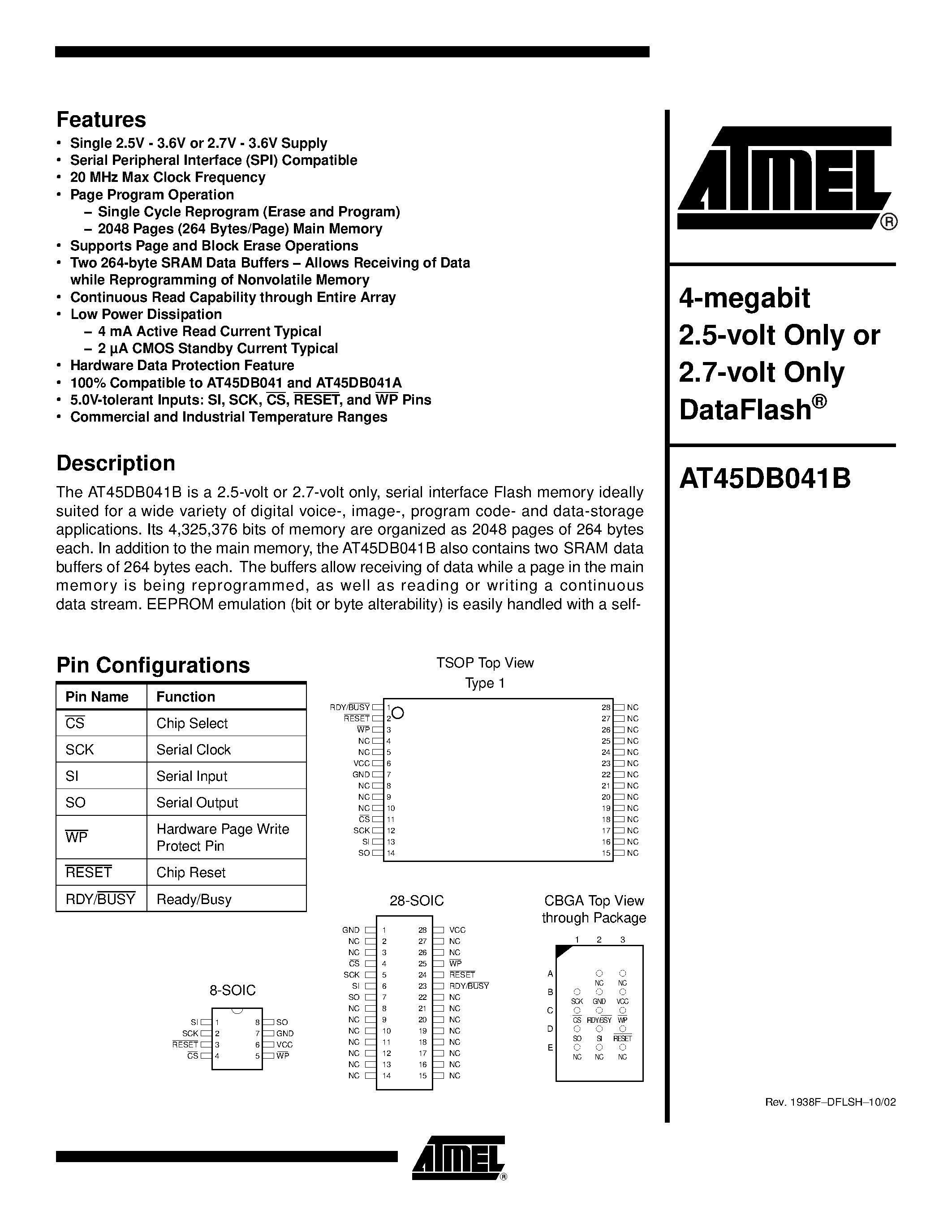 Datasheet AT45DB041B-RC-2.5 - 4-megabit 2.5-volt Only or 2.7-volt Only DataFlash page 1